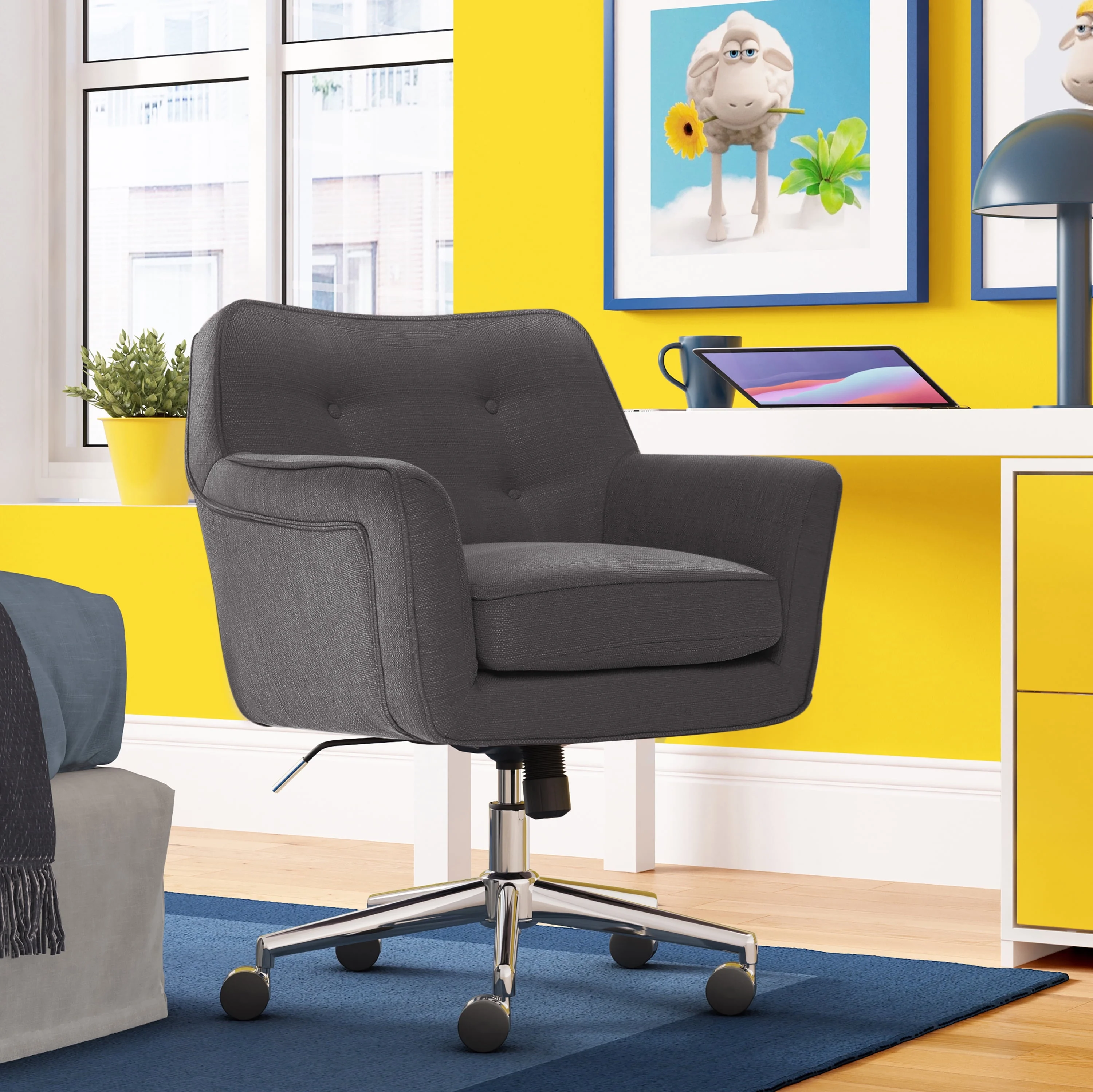Serta Ashland Office Desk Chair, Button Tufted Mid-Back, Memory Foam Cushion, Chrome Swivel Base, Charcoal