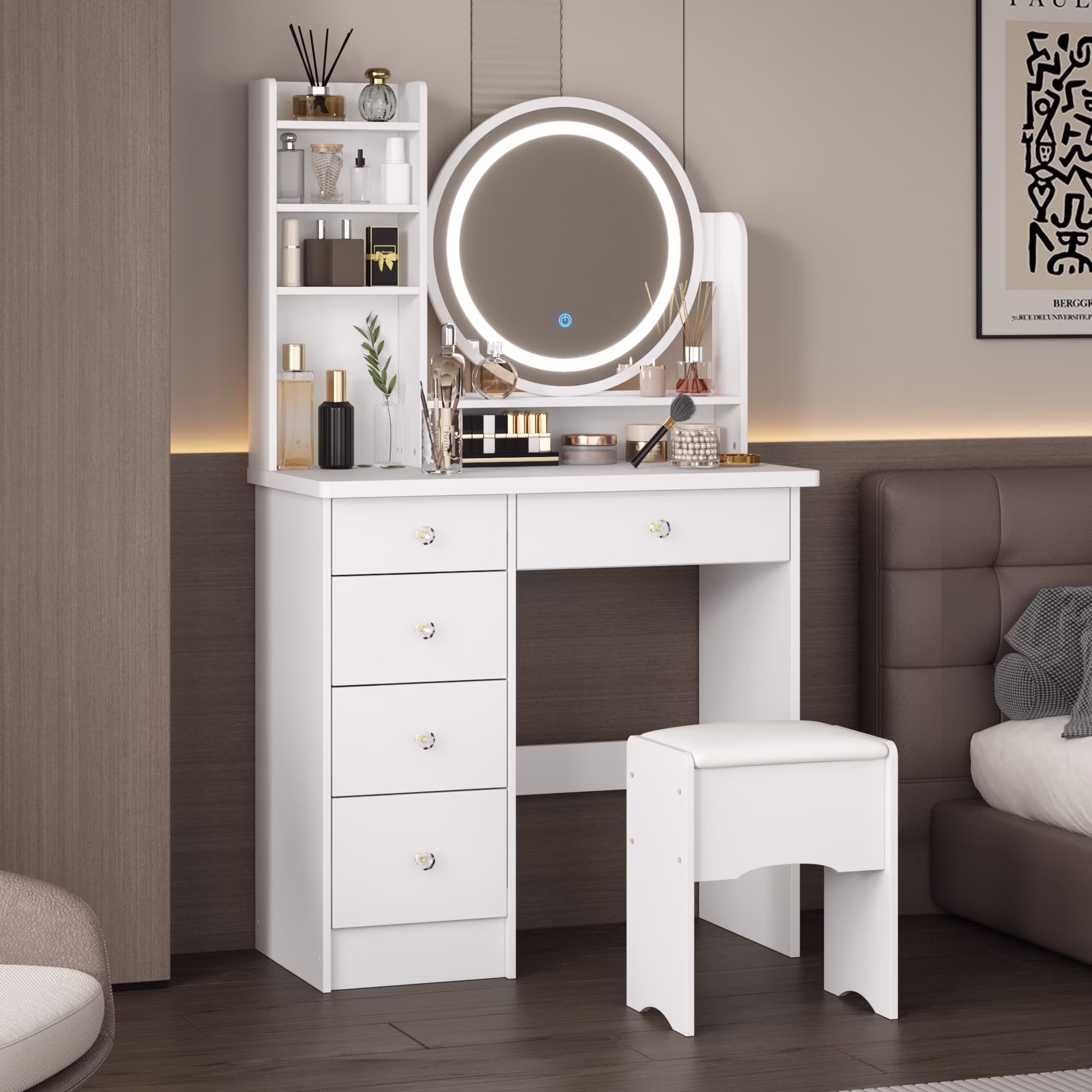 KULAGAGA Vanity Table Set with Light Mirror, Makeup Table with 3 Storage Shelves & 5 Drawers, Dressing Vanity Tables with , Dresser Desk for Girls, Women, White