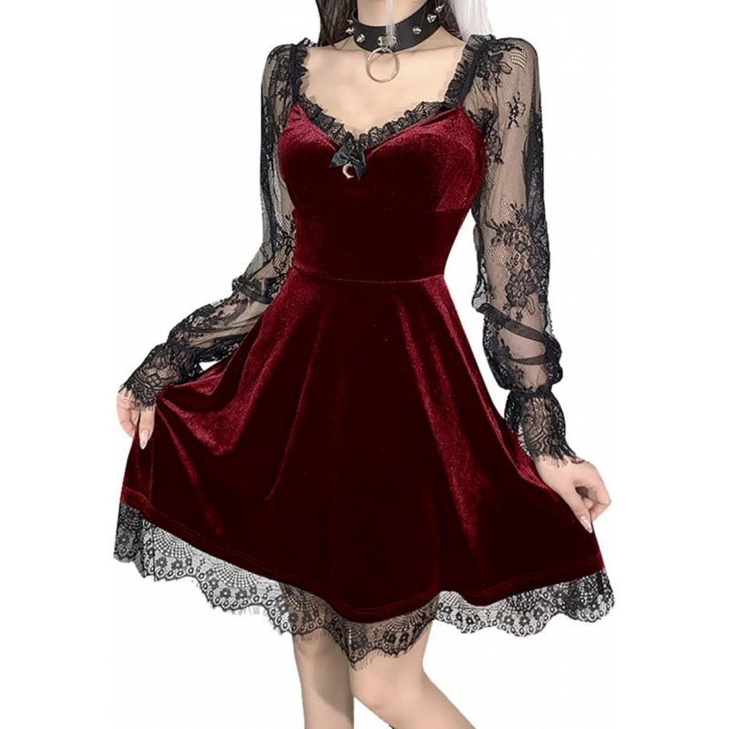 Women Gothic Velvet Dress - Flared Lace Long Sleeve Midi Dresses