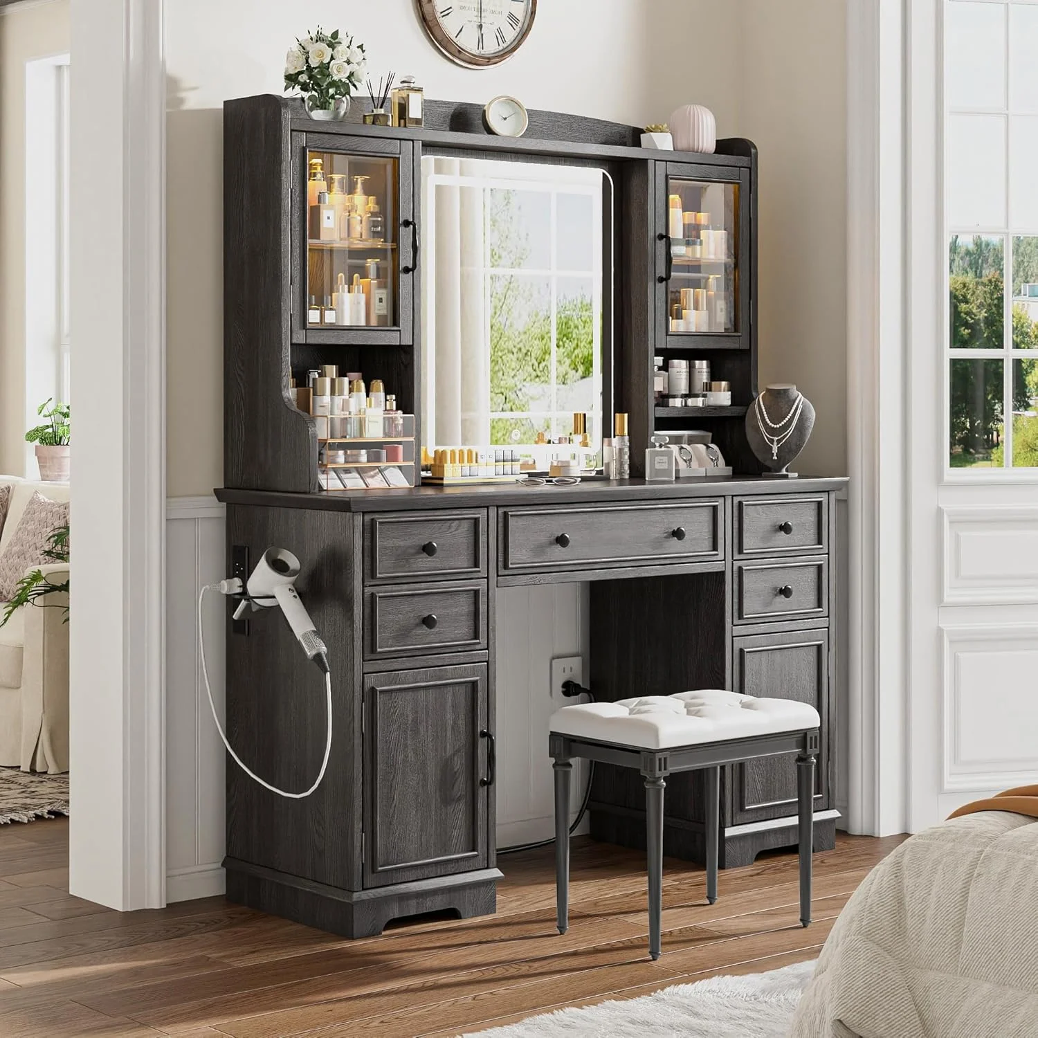 EnHomee Farmhouse Vanity Desk with Mirror and Lights White Vanity with Lighted Mirror Makeup Vanity Set with RGB Cabinets and Storage Drawers
