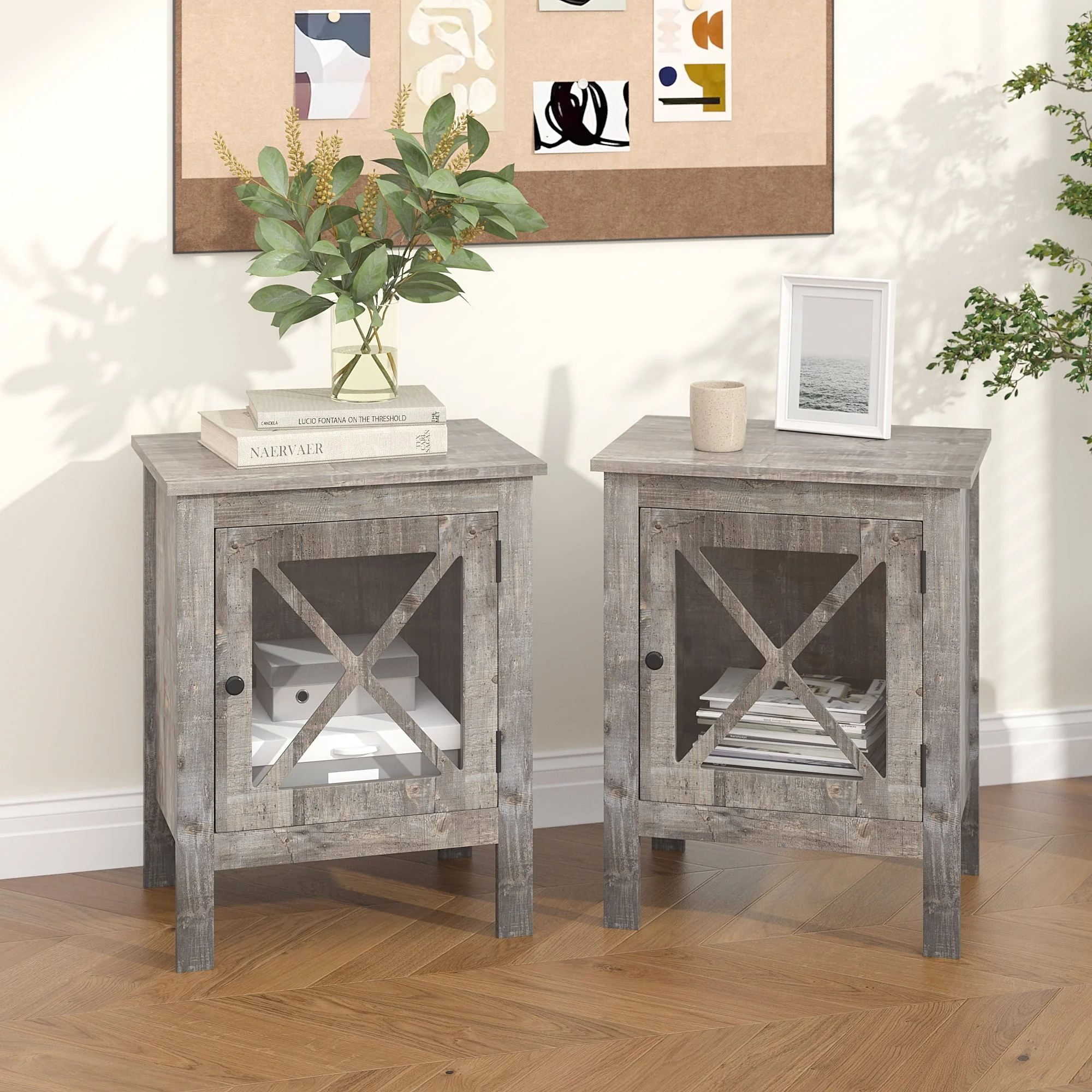Jaxpety Set of 2 Nightstands Bedside Table W/ x-Design Glass Door for Bedroom Living Room, Dark Gray
