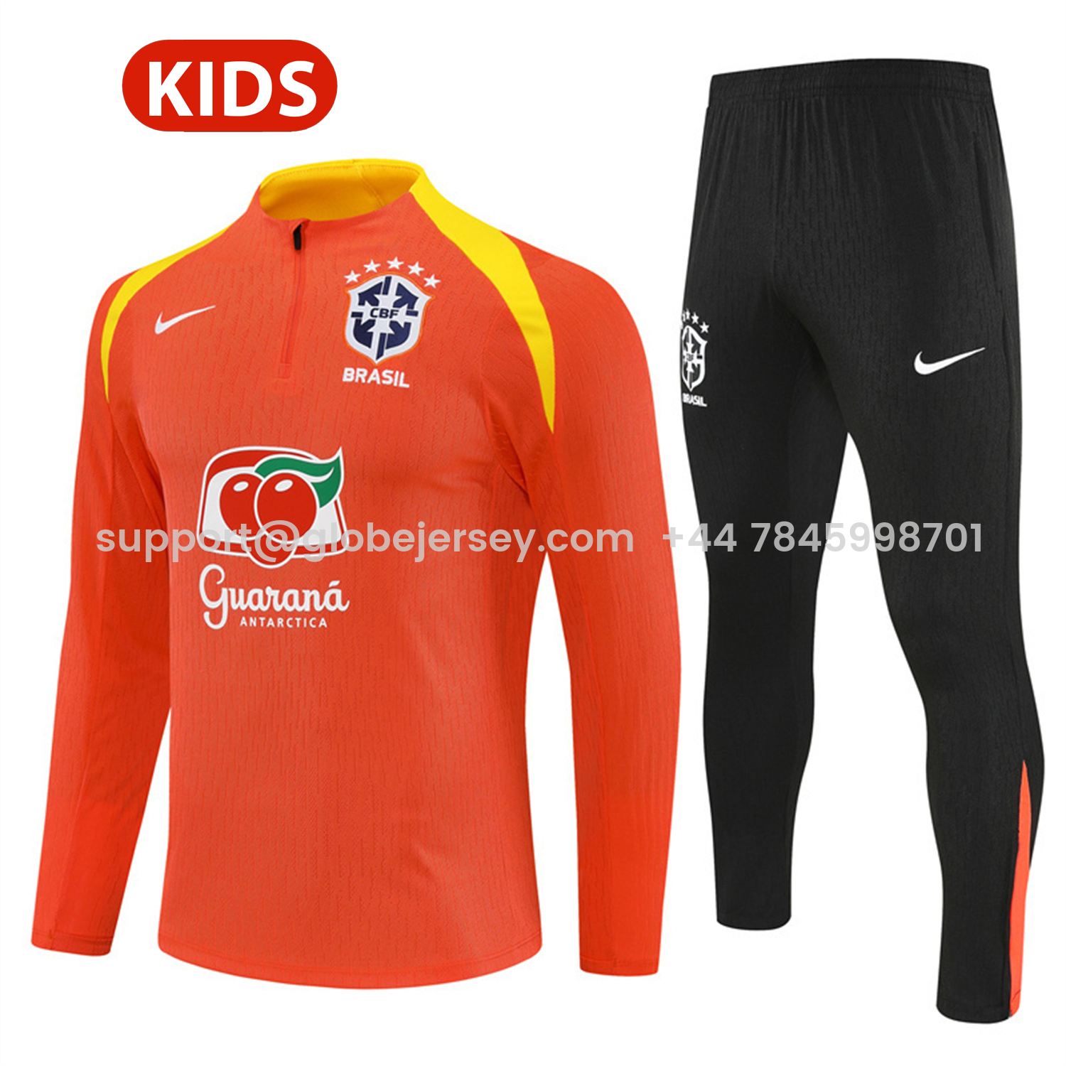 Brazil 25-26 Kids Long Sleeve Training Set - Player Version - Orange Top and Black Pants