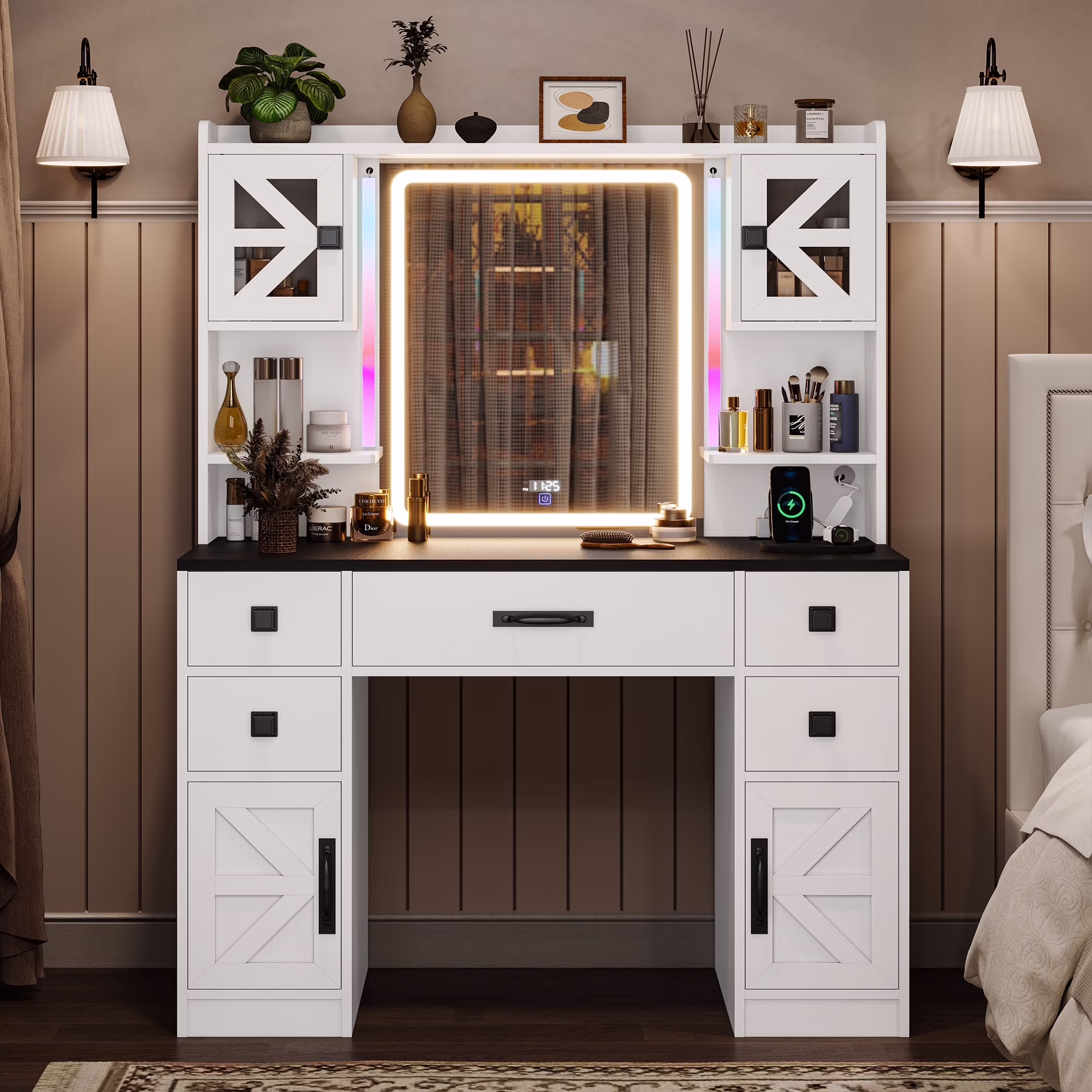 Afuhokles Large Vanity Desk with Lighted Mirror, 5 Drawers Makeup Vanity with Charging Station and Smart Mirror, White