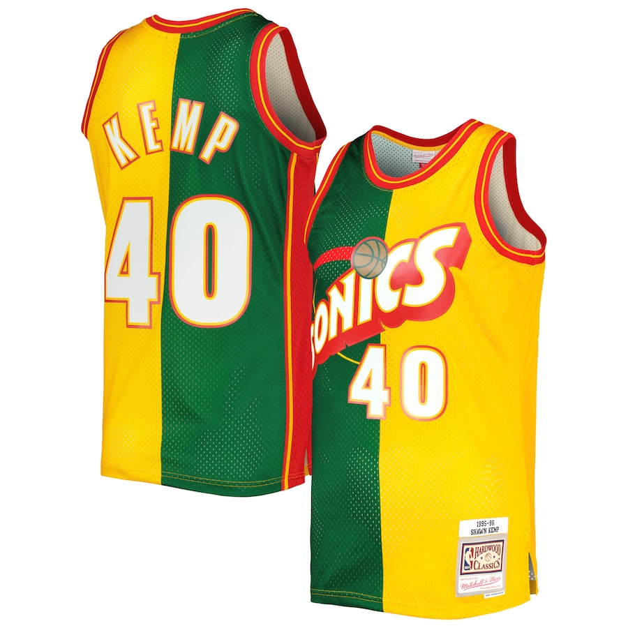 Men's Seattle SuperSonics Shawn Kemp Mitchell & Ness Green/Gold Hardwood Classics 1995/96 Split Swingman Jersey