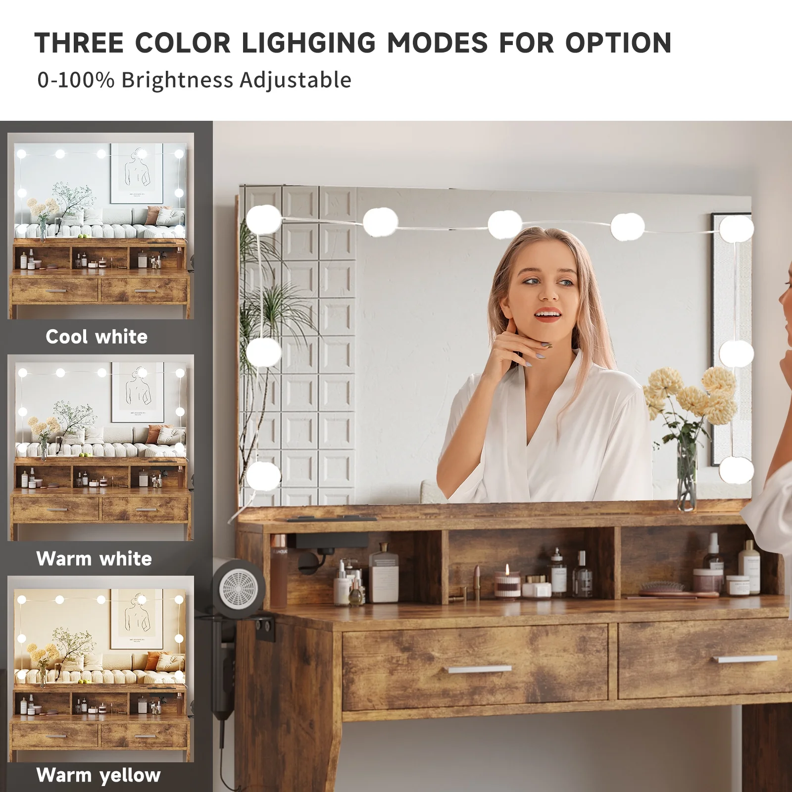 Modern Vanity Table Set with Lighted Mirror,Makeup Table with 2 Drawers & Power Strip,Dresser Desk for Girls, Women, White
