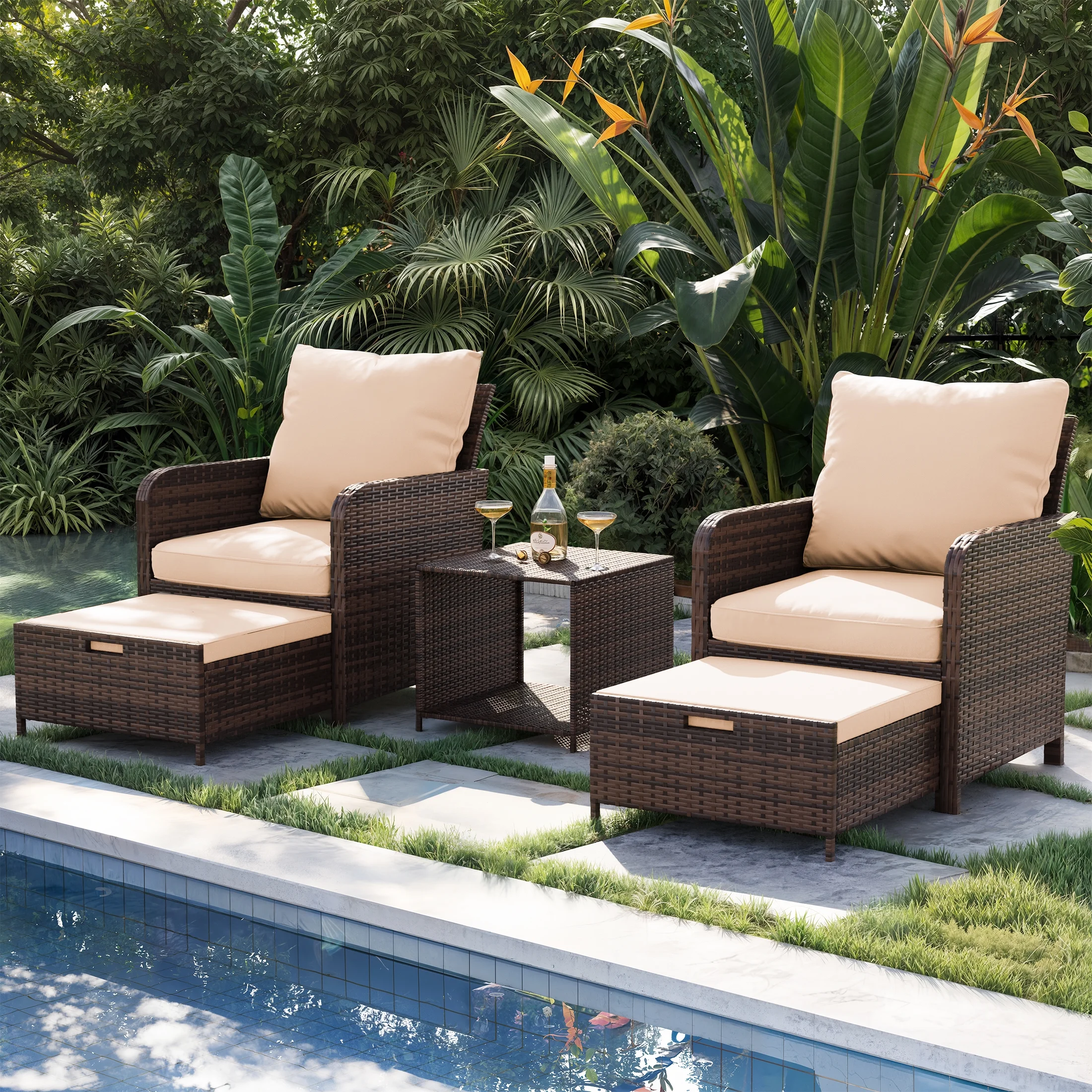 Poteban Balcony Furniture 5 Piece Patio Furniture Set, Outdoor Patio Chair with Ottoman for Front Porch Deck, Wicker Lounge Chair with Side Table, Grey