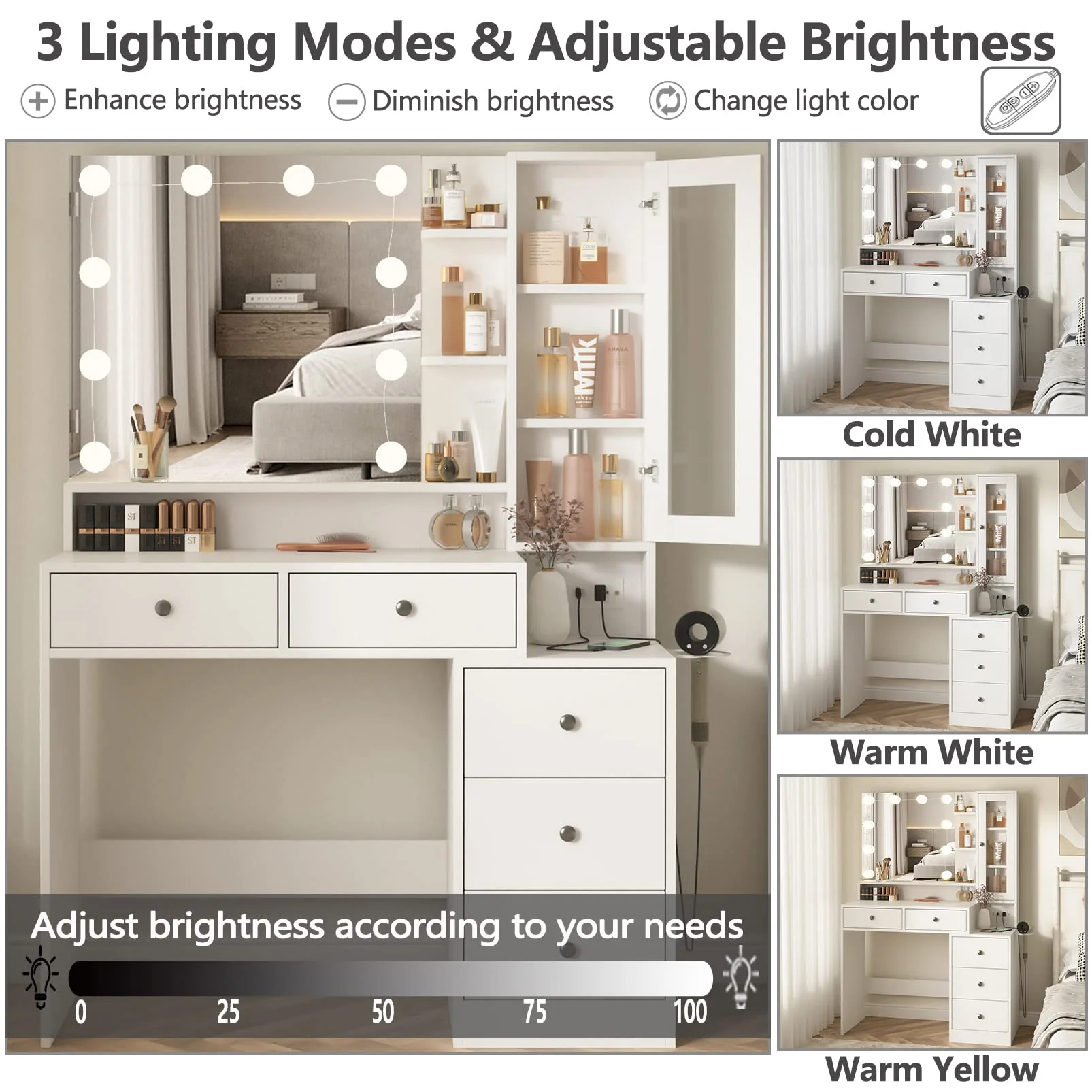 VEANERWOOD Makeup Vanity Desk with Lighted Mirror and Power Strip, Modern Vanity Table with 5 Drawers, White