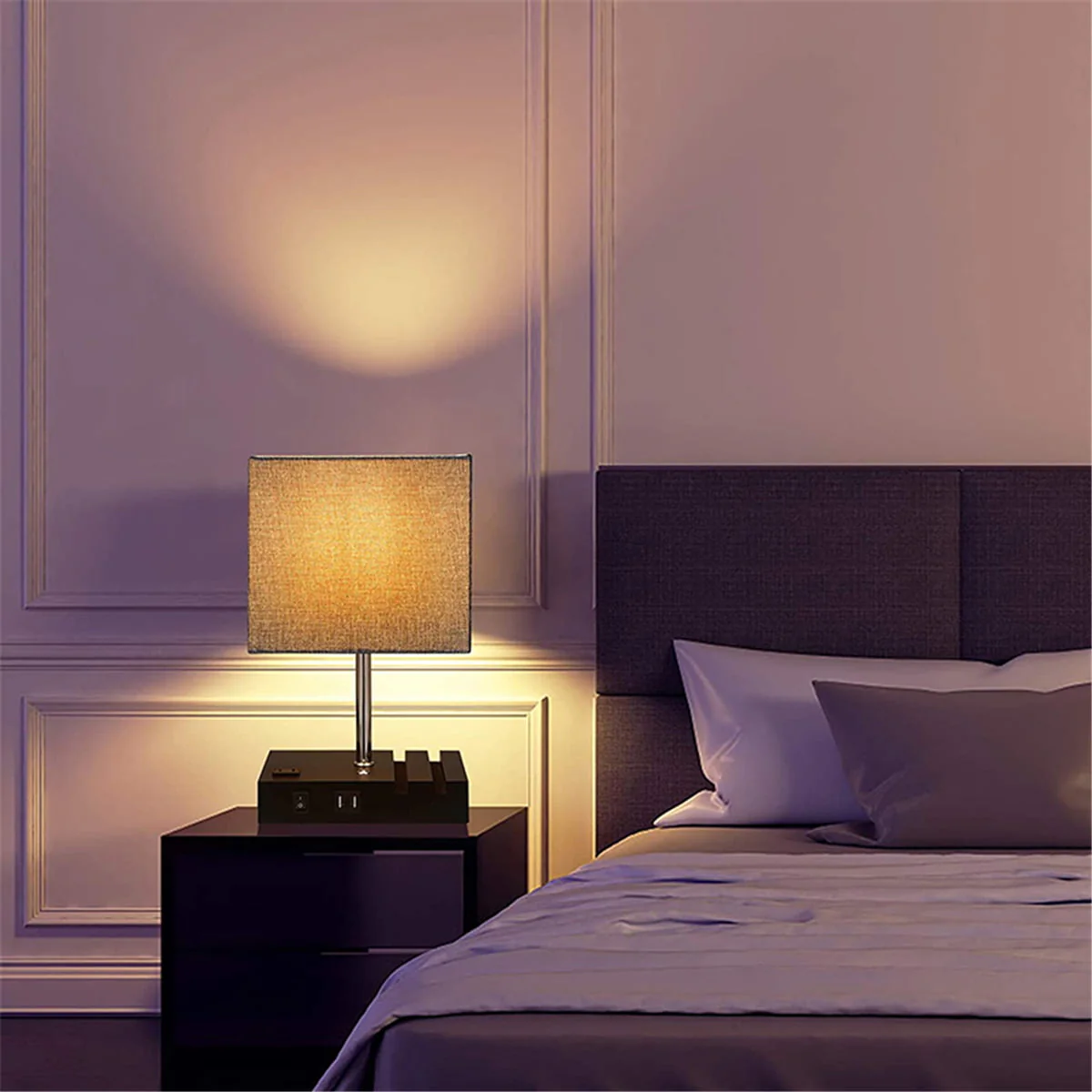 Touch Control Table Lamp with 2 USB Charging Ports, 1 AC Outlets and 2 Phone Stands, Modern USB Desk Lamp with Black Wooden Base and Grey Shade Suitable for Bedroom, Living Room