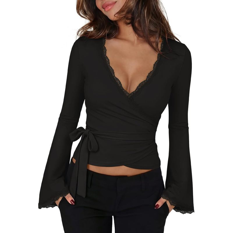 Sexy Going Out Lace Wrap Tops for Women Bell Long Sleeve Top