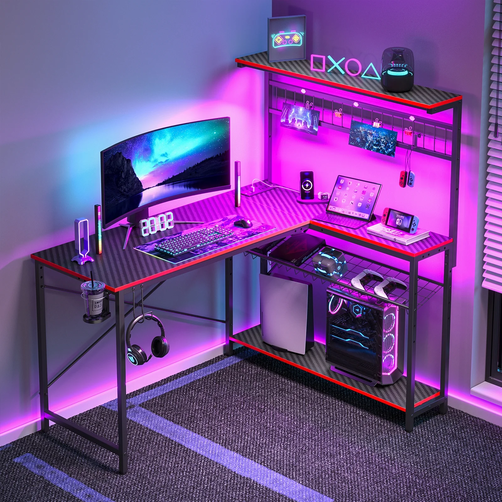 Bestier 51 L Shaped Gaming Desk with Power Outlets & LED Light, Computer Desk with 4 Tiers Shelves for Home Office, Reversible Gamer Table with Hooks and Cup Holder, Carbon Fiber