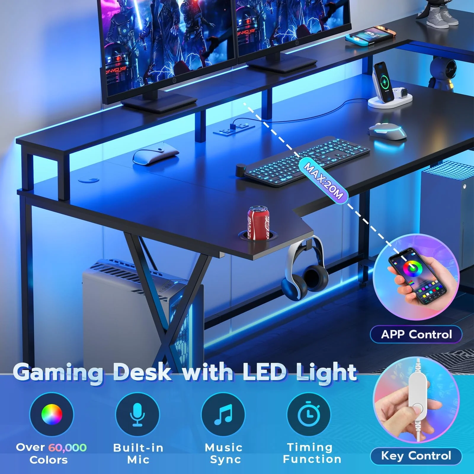 SEDETA Gaming Desk 70.8'' with LED Lights and Storage Shelves, Computer Desk with Monitor Stand, Power Outlets and Cup Holder, Large PC Gamer Desk, Gaming Table for Bedroom, Living Room, Black