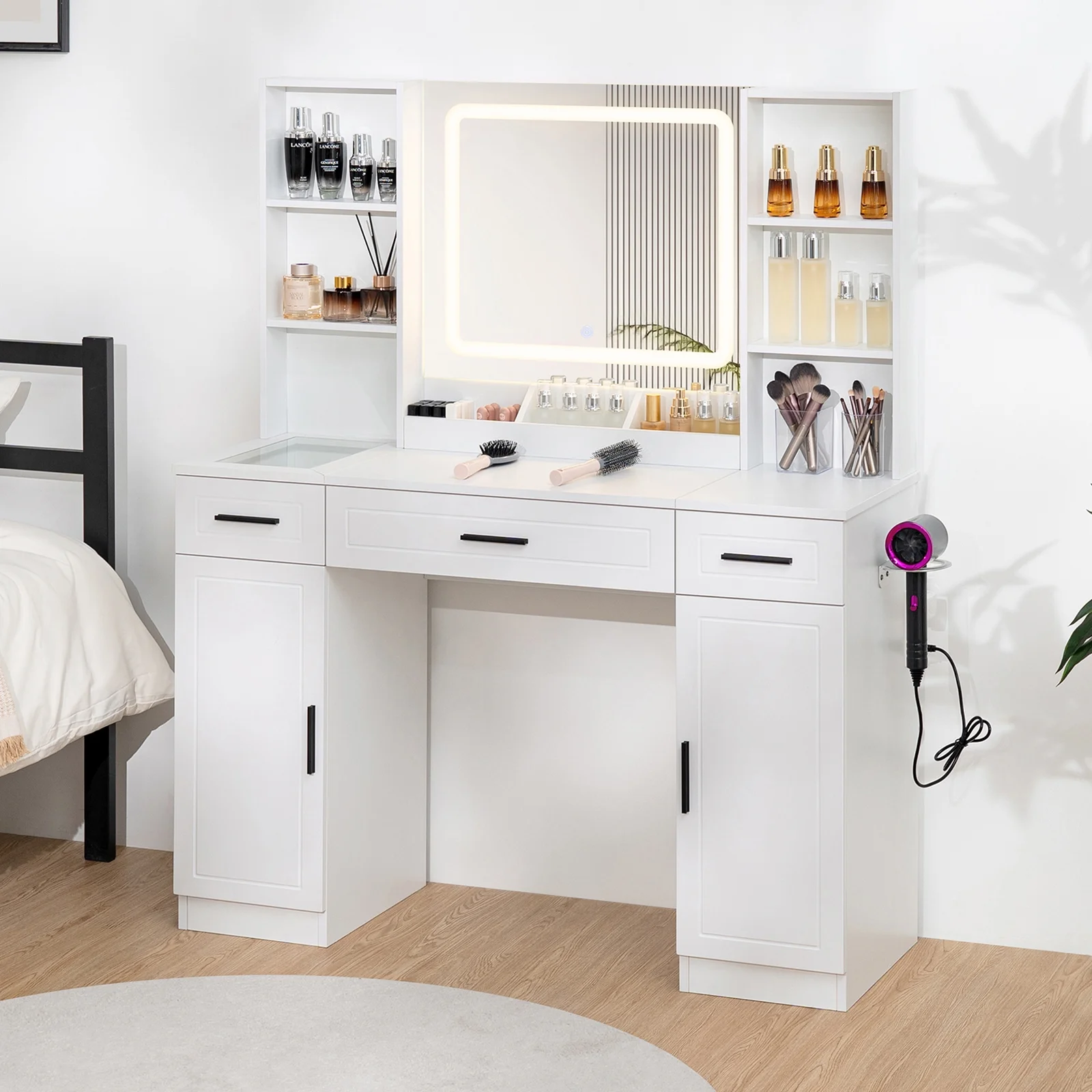 Hommpa Vanity, Makeup Vanity with LED Lighted Mirror Vanity Desk with Drawers Vanity Table with Charging Station for Girls Bedroom Storage Shelves, White