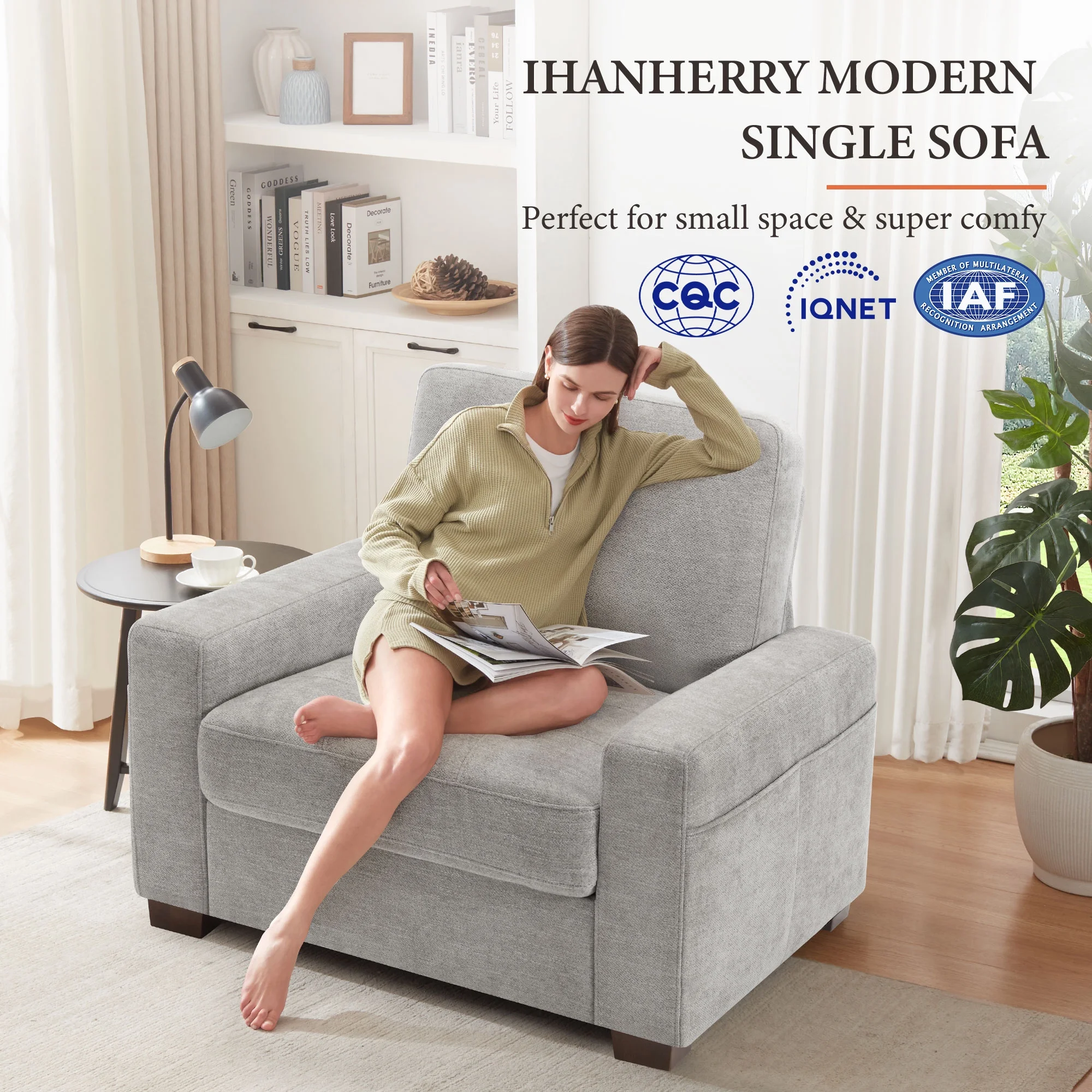 BedLuxury 38.5'' Wide Modern Accent Chair & Single Sofa Lounge for Living Room, Chenille Oversized Armchair, Grey
