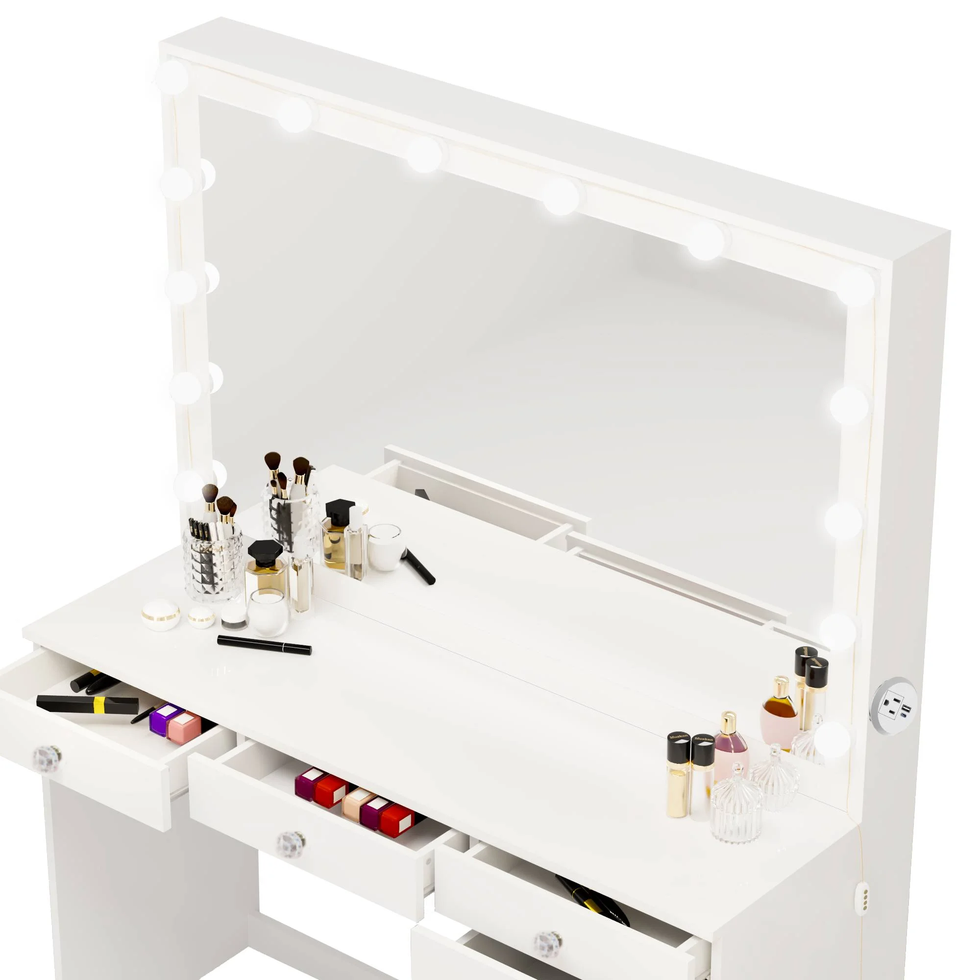 Ember Interiors Caris White Makeup Vanity Desk with Add-On Lights, Charging Station, and Mirror, for Adults