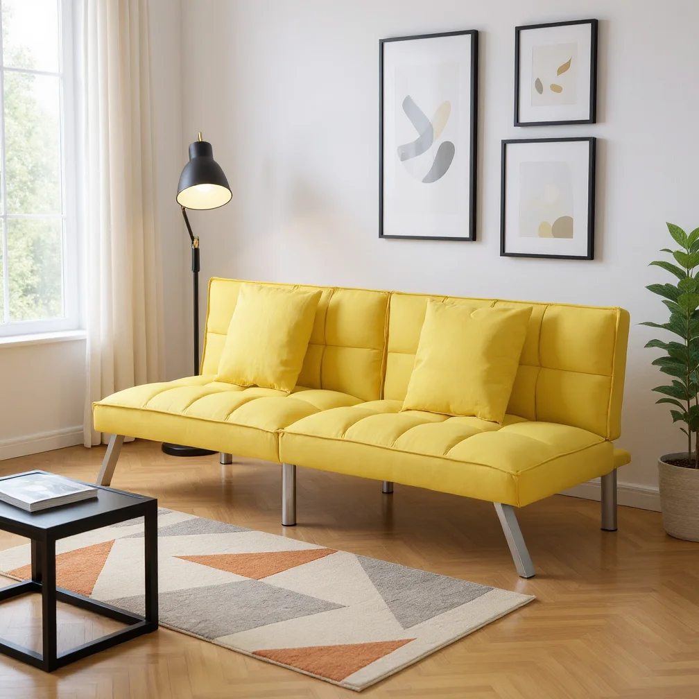 BSHTI 73�?Futon Sofa Bed with 5-Angle Adjustable Backrest, Yellow Velvet Upholstery, Twin Sleeper for Home, Office, Guest Room