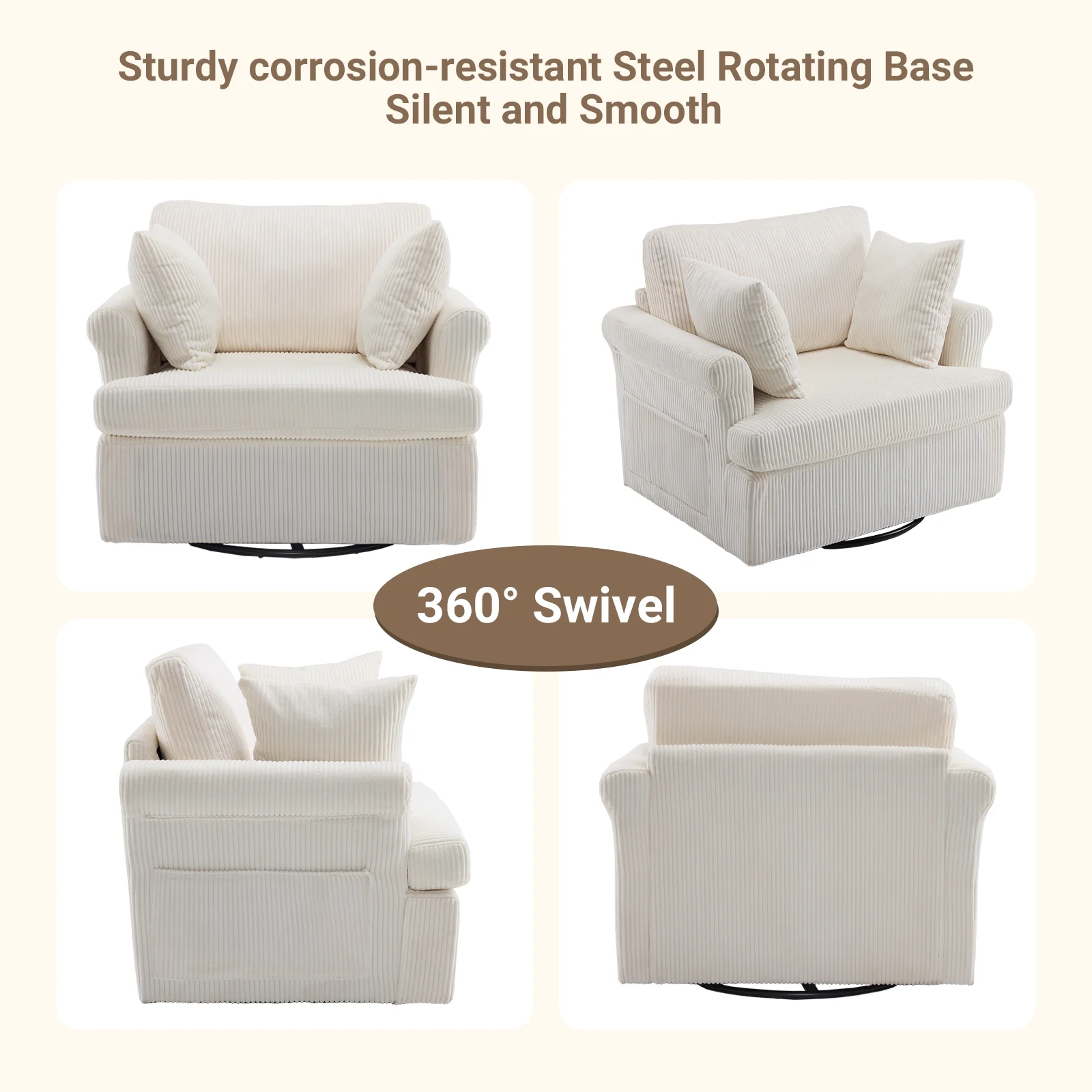 Ktaxon Swivel Accent Chair, 360-Degree Rotation Reading Chair, Corduroy Fabric Sofa with Armrest Pockets, Solid Metal Base, Perfect for Living Room Bedroom Black