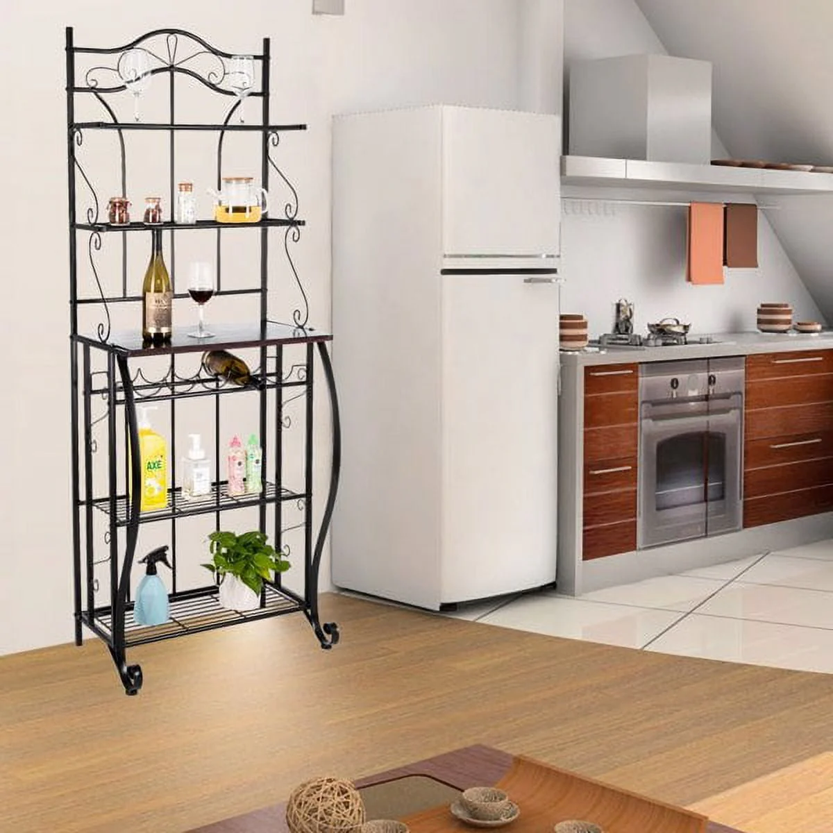 Kitchen Bakers Rack with Wine Storage, Microwave Stand with Storage Shelf, Kitchen Organizer Shelves for Spice, Bowls, Cups, Plates Organizer