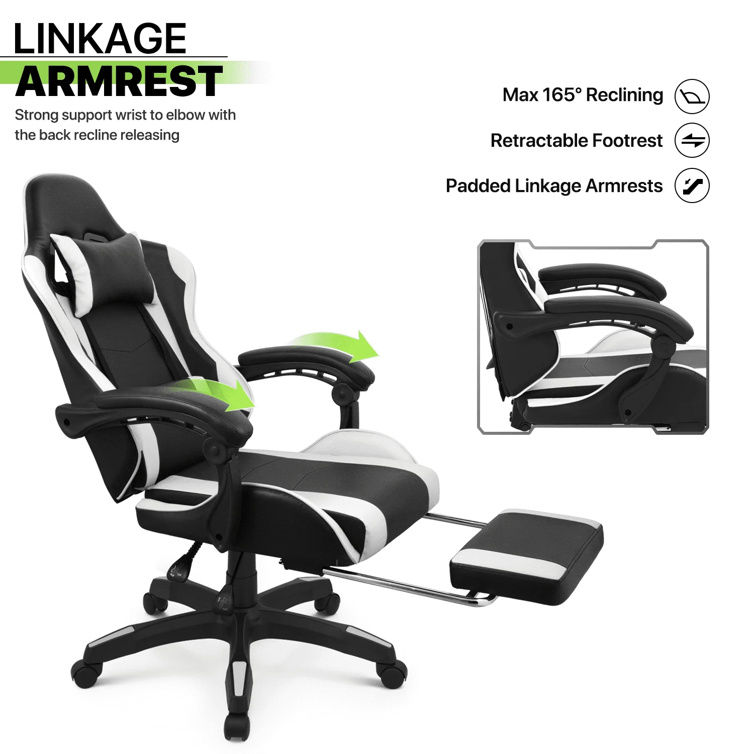 Magshion Rolling Gaming Chair, Adjustable Faux Leather Computer Seat with Lumbar Support for Adults Teens Desk Chair, White