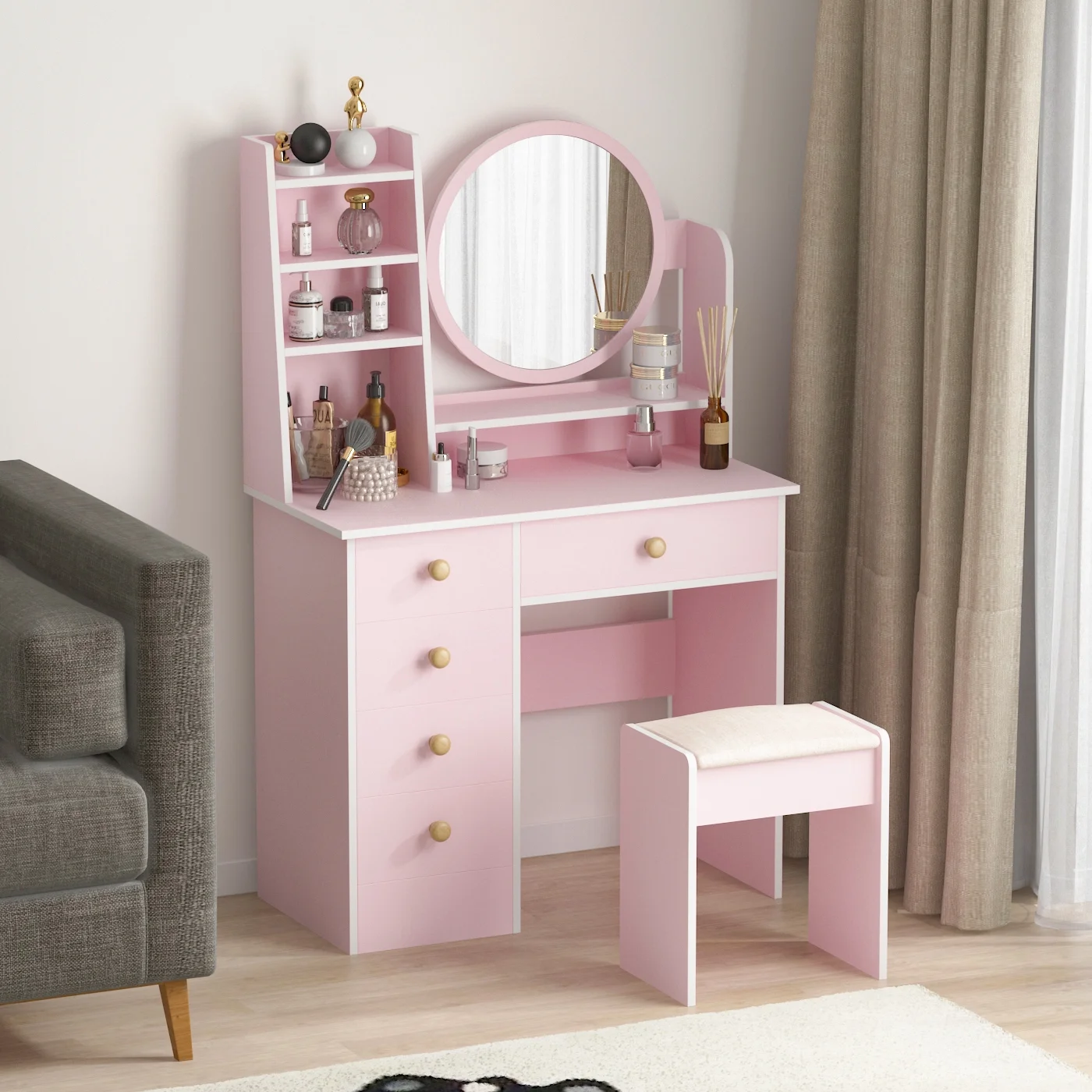 KULAGAGA Vanity Table Set with Light Mirror, Makeup Table with 3 Storage Shelves & 5 Drawers, Dressing Vanity Tables with , Dresser Desk for Girls, Women, White