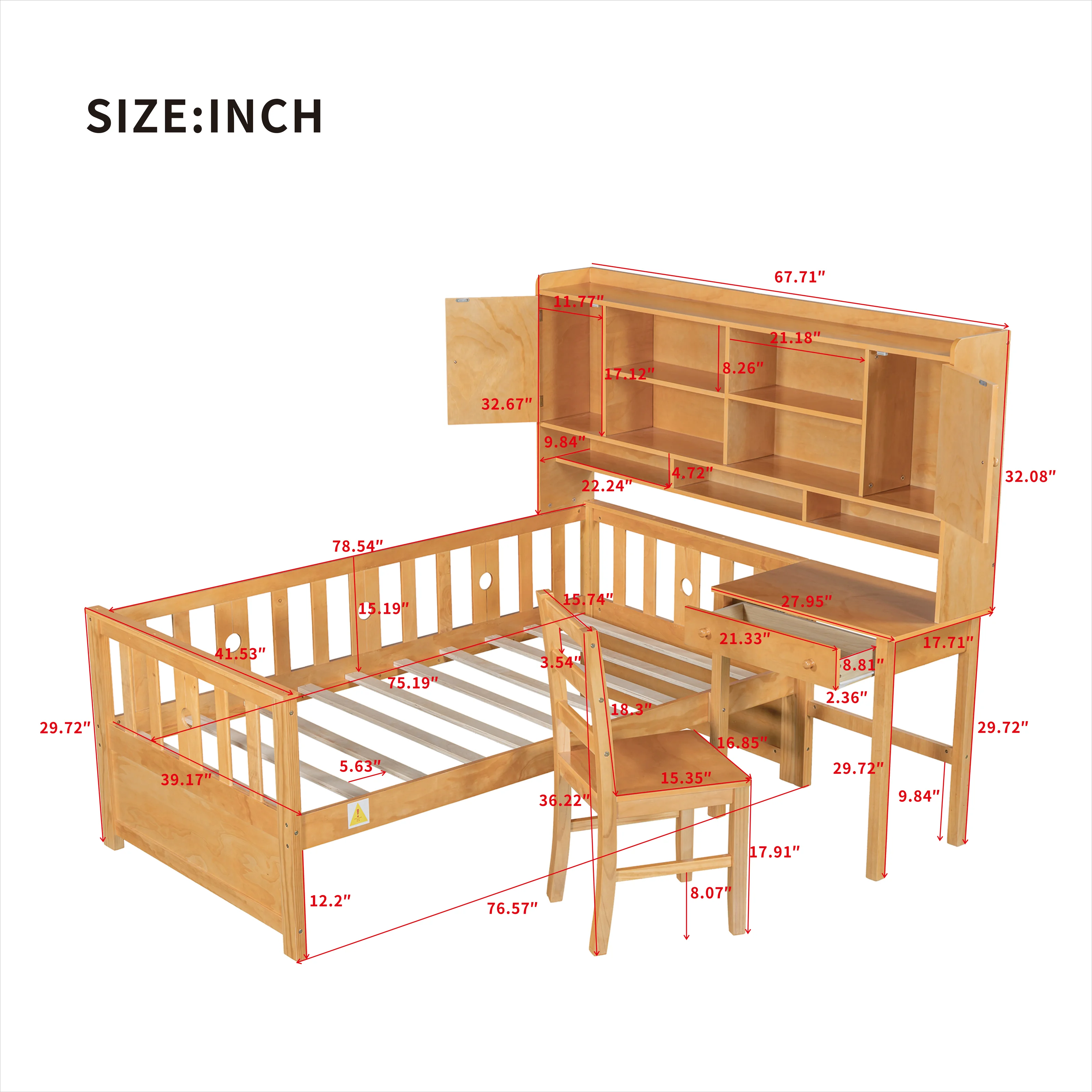 Euroco Wood Twin Size Platform Bed with Desk and Shelves, Table and Chair Set for Kids, Natural