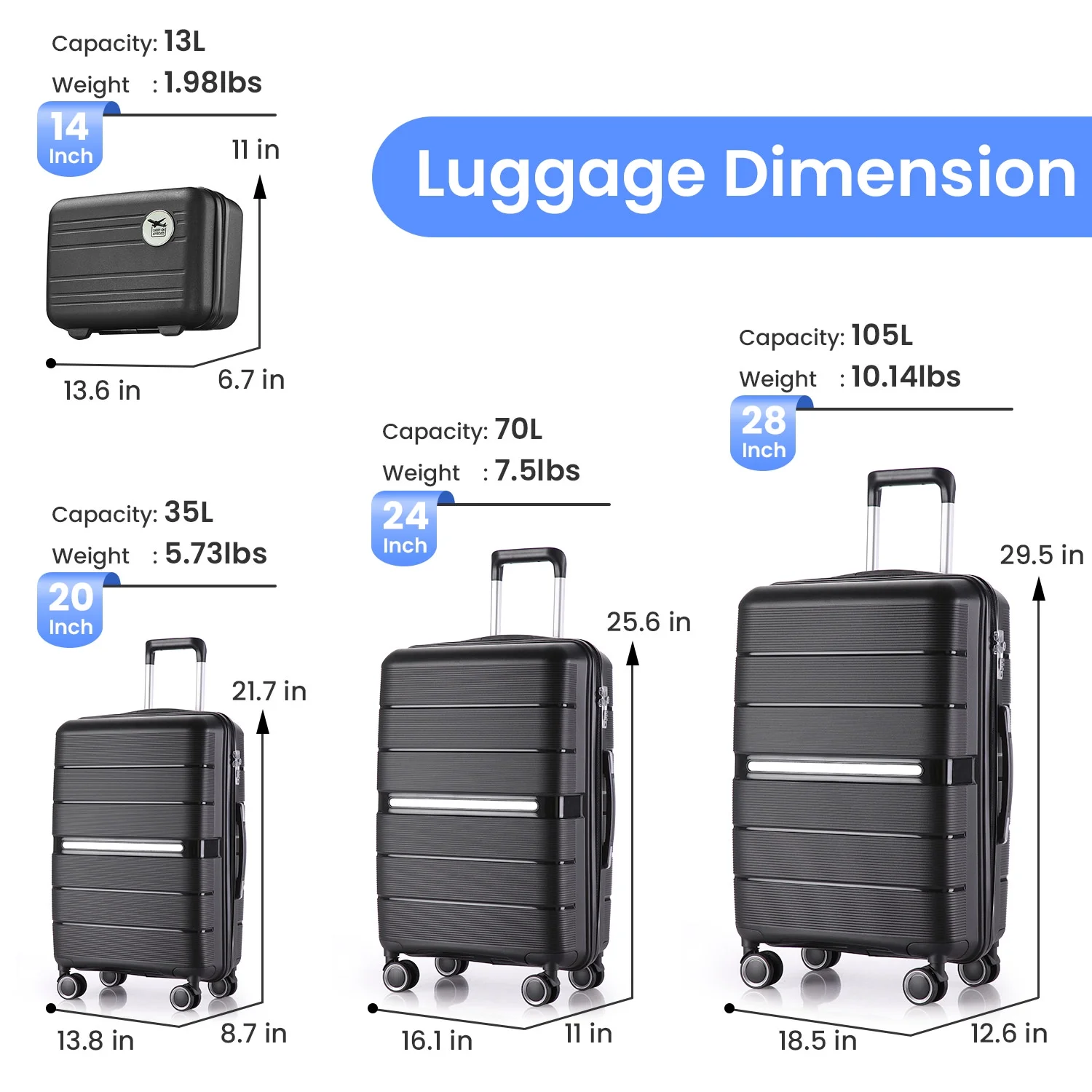 4 Piece Luggage Set, Expandable Lightweight Suitcase Set, PP Materials Travel Luggage with TSA Lock Spinner Wheels, White (14/20/24/28)