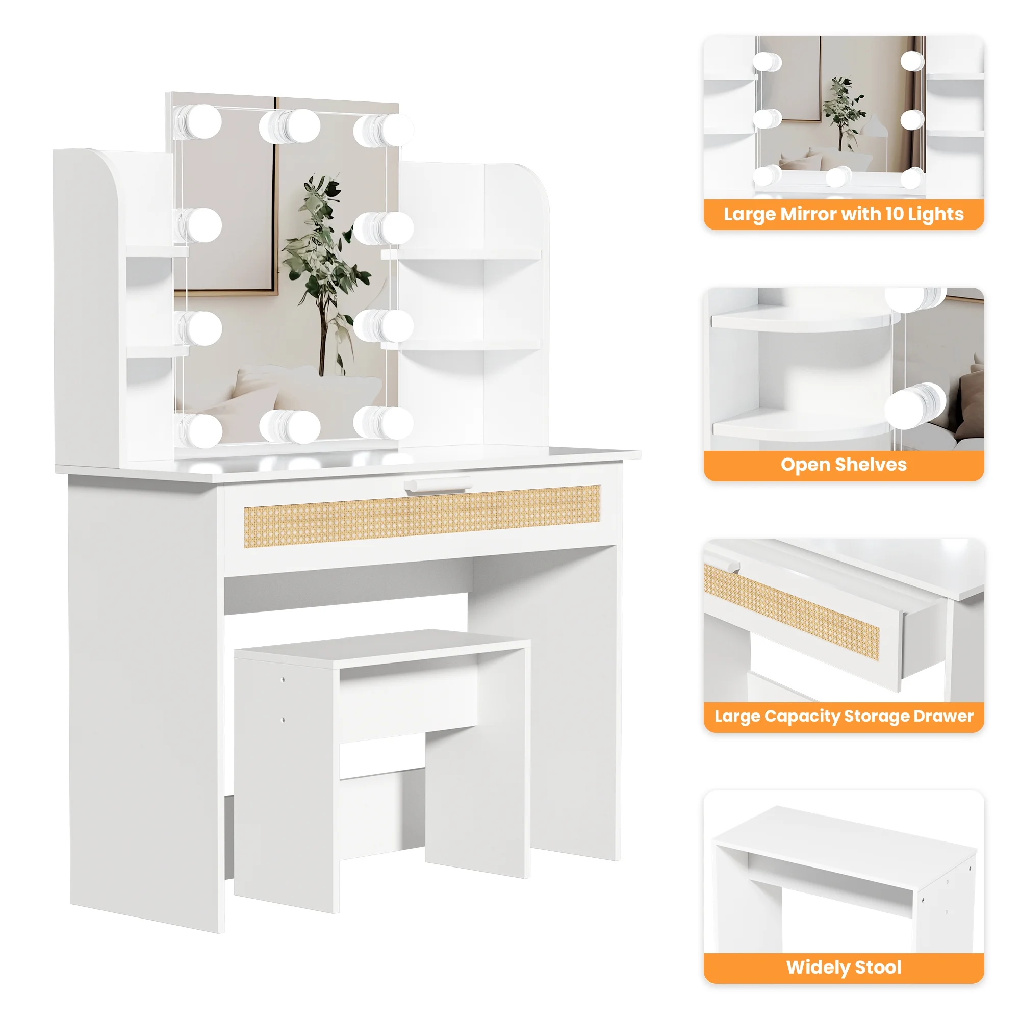 Resenkos Vanity Desk Set with Mirror and Lights for Makeup, 5 Drawers Storage Dresser for Bedroom, White