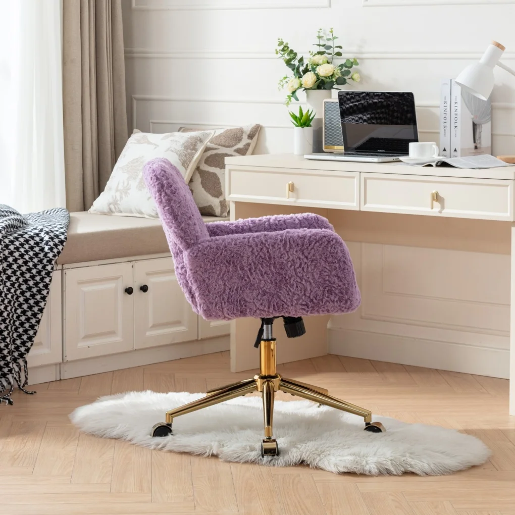 Furniture Office Chair,  Artificial Rabbit Hair Makeup Vanity Chair Chair, 360 Comfy Swivel Armchair with Wheels, Modern Height Adjustable Cute Vanity Chair for Living Room Small Spaces Pink