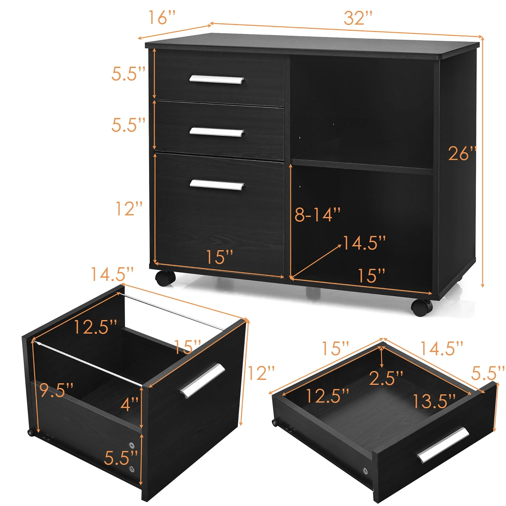 Costway 3-Drawer File Cabinet Mobile Lateral Cabinet Printer Stand Black