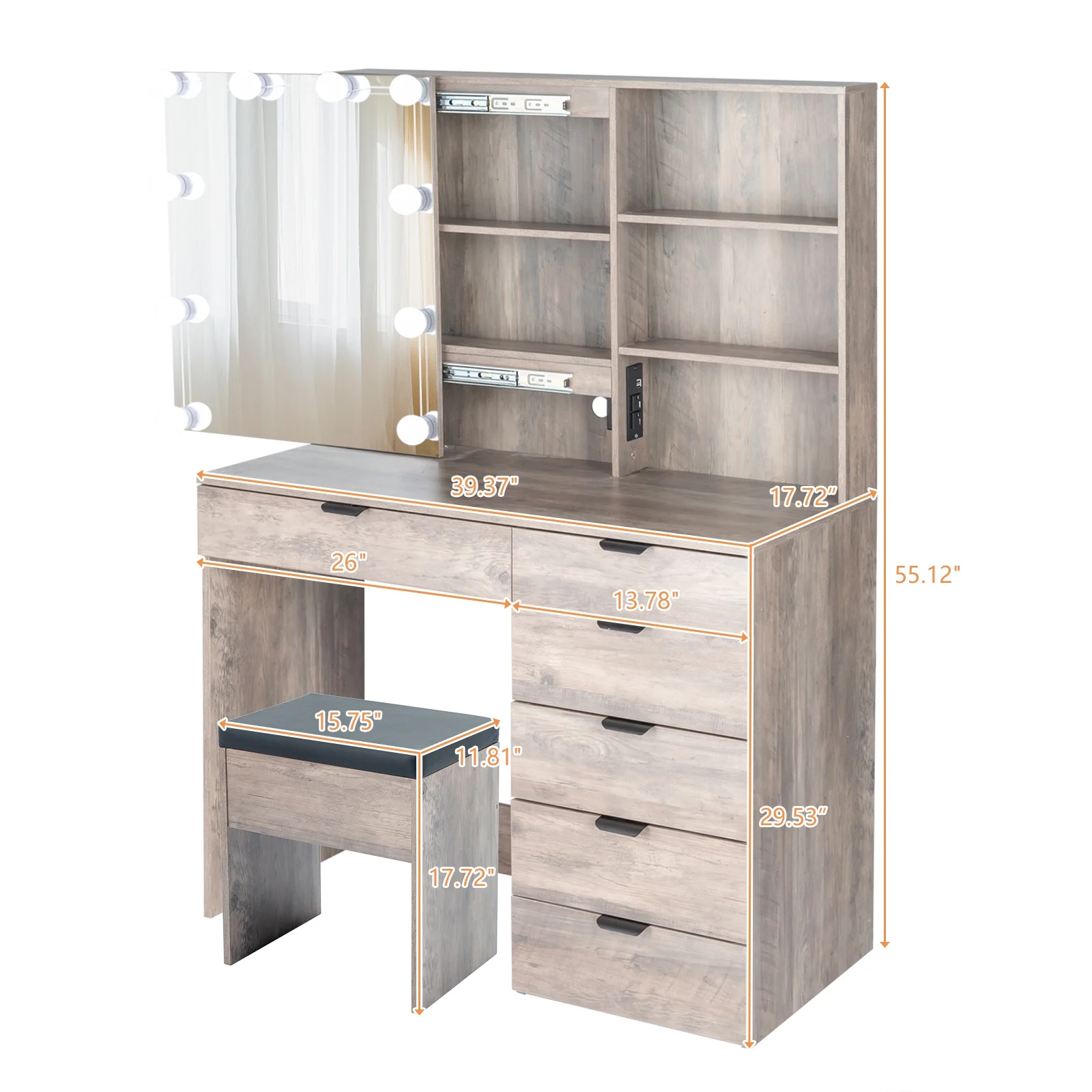 Ktaxon Vanity Set with 3 Color Lighted Mirror & Charging Station, Makeup Table with 3 Storage Shelves & Drawers, Dressing Table Makeup Desk with Stool,Retro Gray