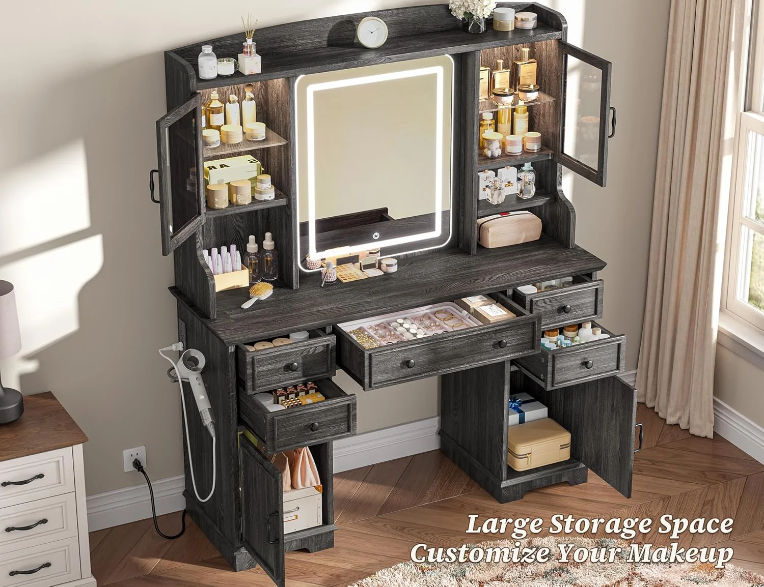 EnHomee Farmhouse Vanity Desk with Mirror and Lights White Vanity with Lighted Mirror Makeup Vanity Set with RGB Cabinets and Storage Drawers