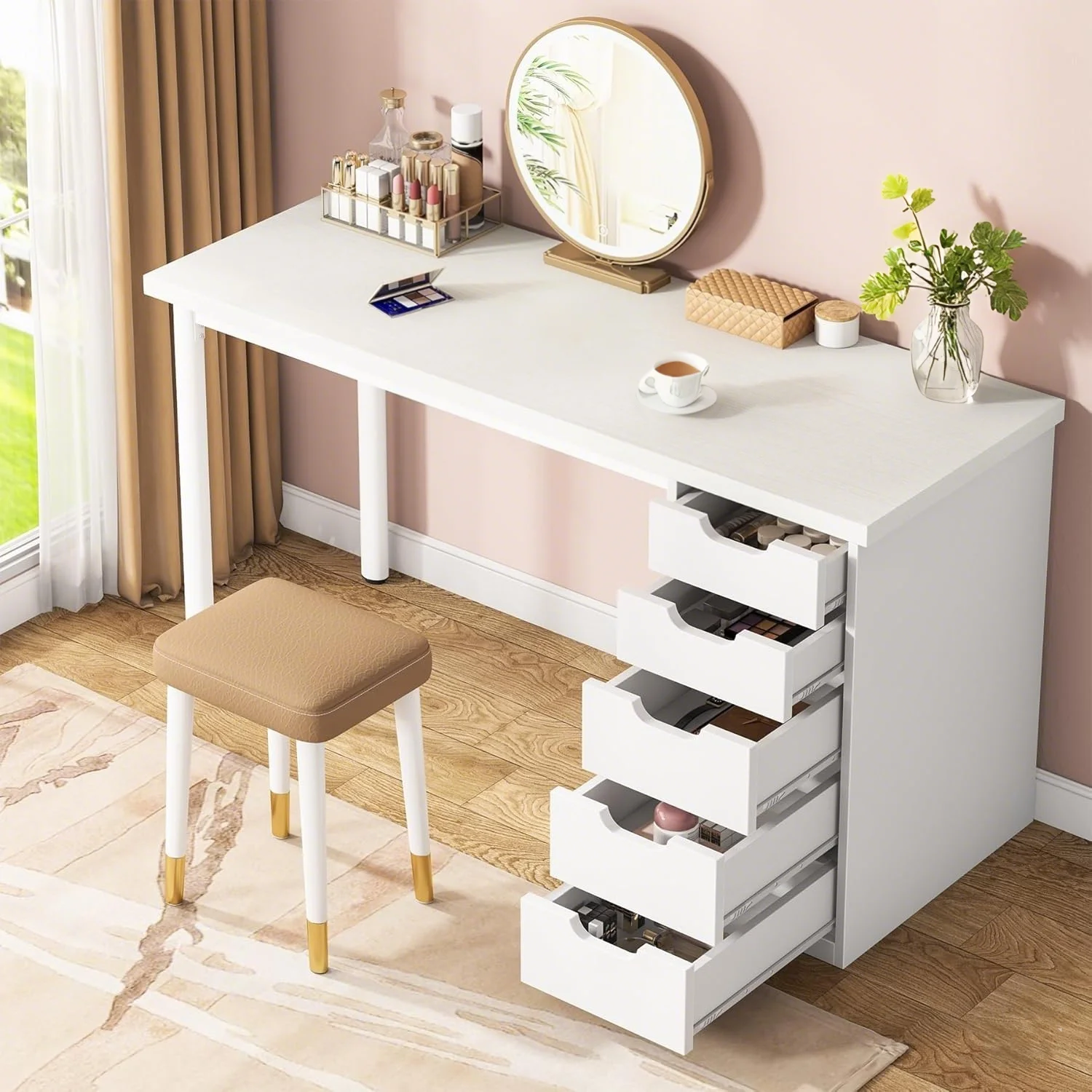 Tribesigns 47 inches Vanity Desk with 5 Drawers, Rustic Makeup Dressing Table with Storage, Modern Simple Computer Desk for Women, Girls (Brown)