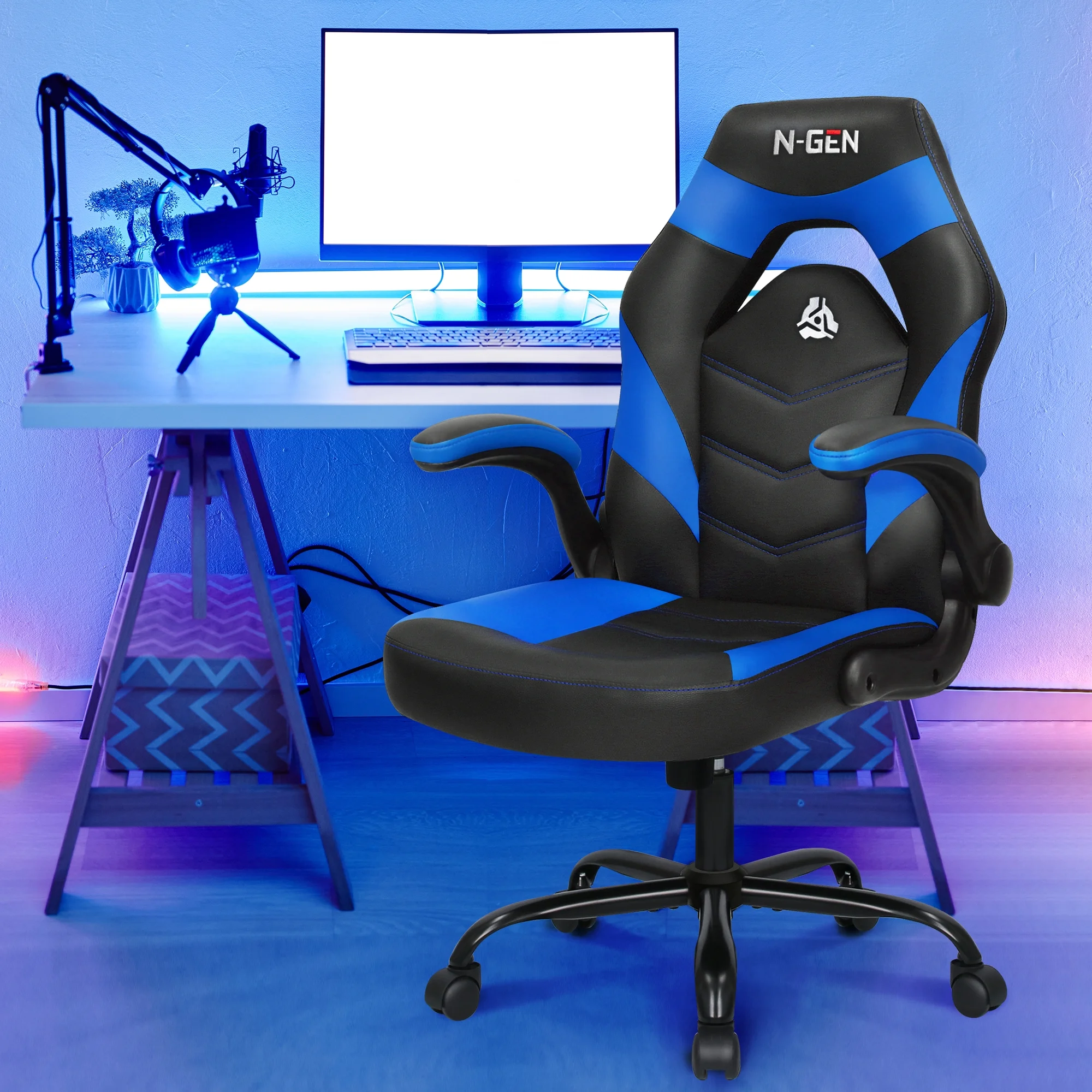 N-GEN Red Gaming Chair, Flip-up Armrest Computer Chair Ergonomic Office Chair PU Leather Desk Chair Executive Adjustable Swivel Task Chair