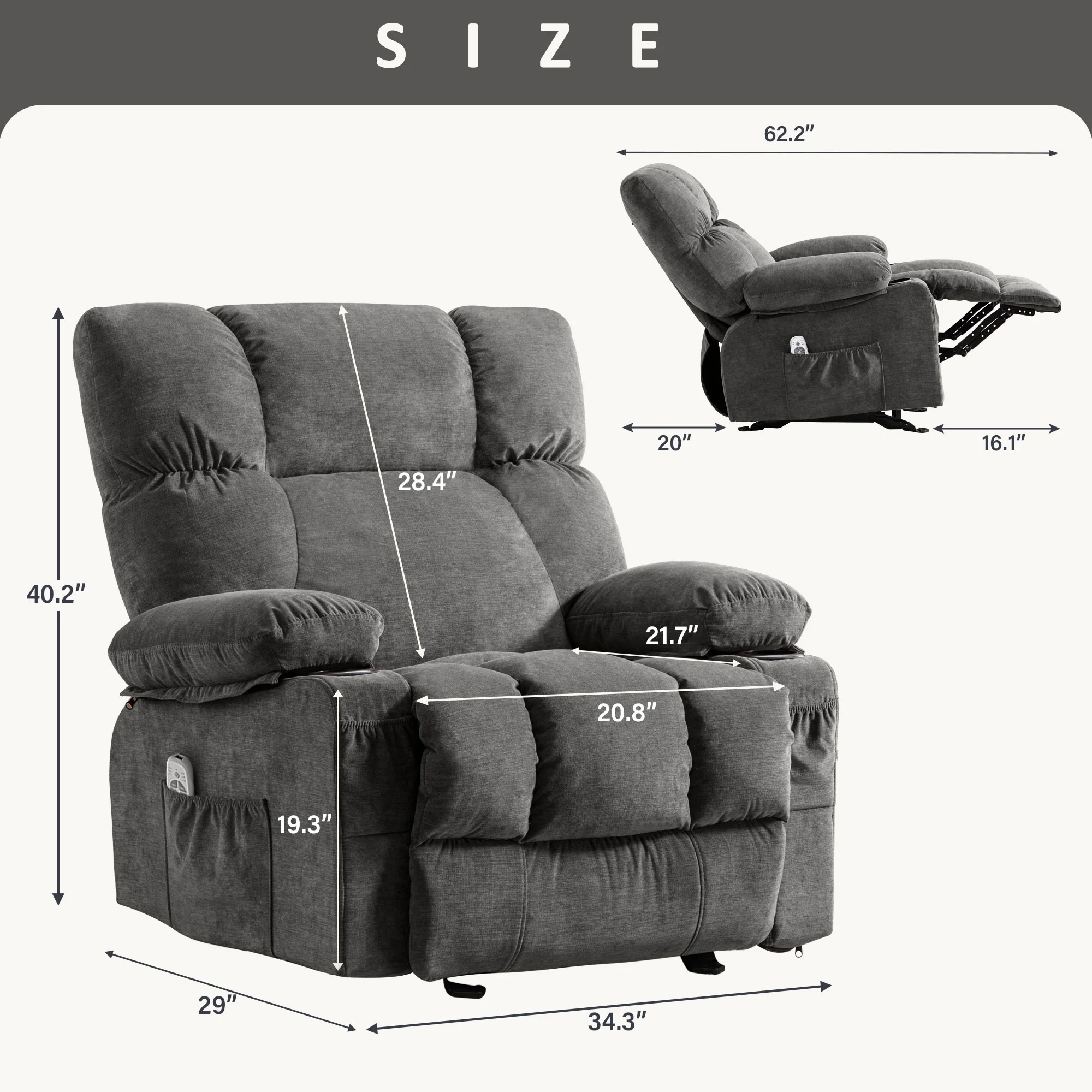 JONPONY Manual Recliner Chair with Heat Therapy and Massage Function. Heavy Duty Reclining Mechanism Massage Chair. Elderly Single Rocker Sofa with Cup Holders for Bedroom Home Theater. Grey