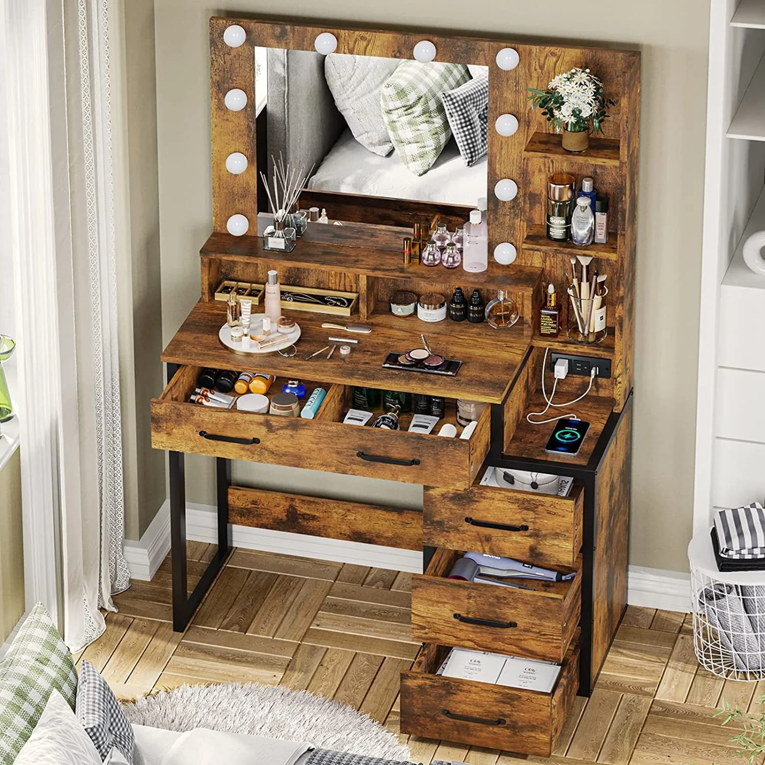 Rustic Vanity Desk Makeup Dresser Desk Table with Lighted Mirror & Charging Station & 5 Drawers, 10 LED Light, Brown & Black