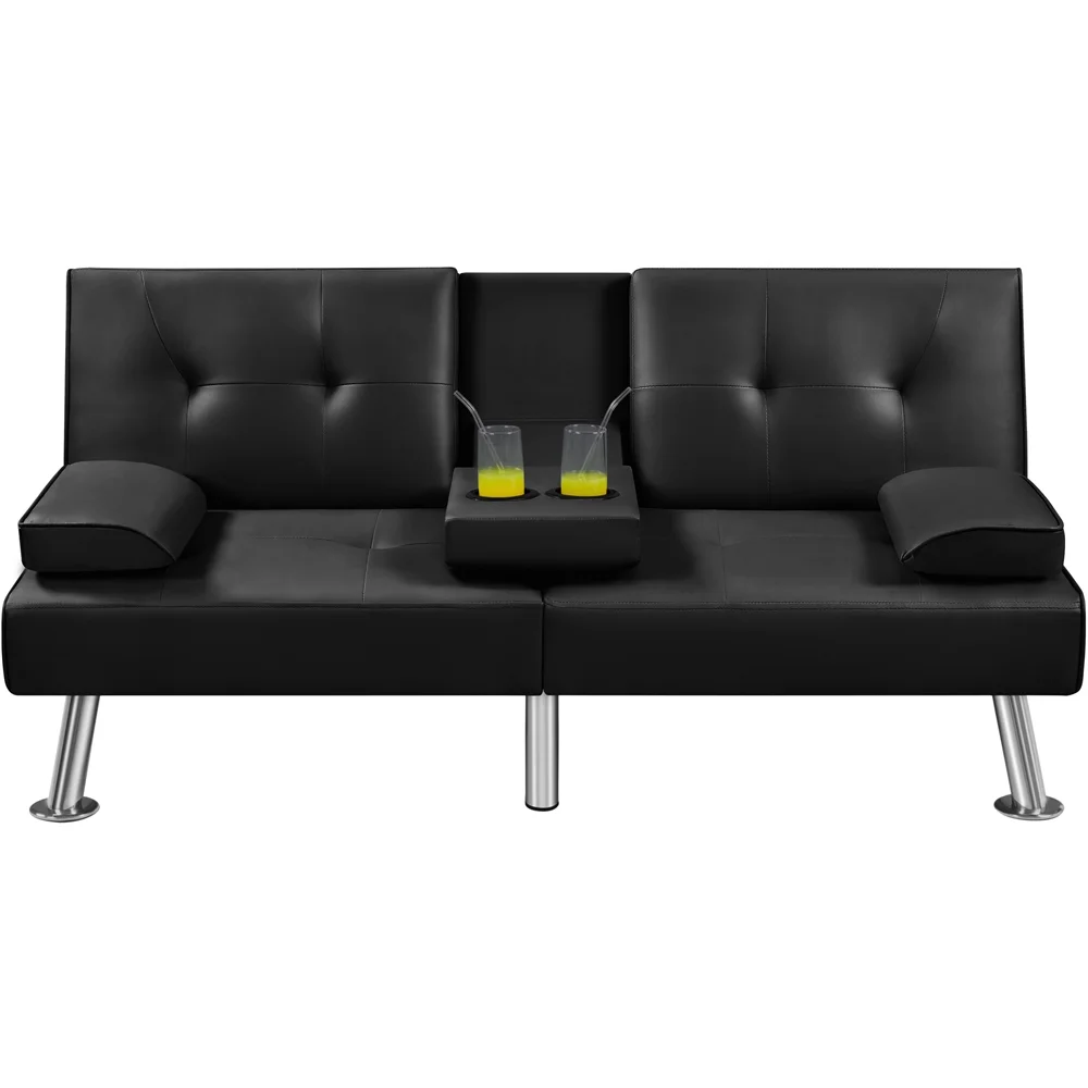 Yaheetech Modern Faux Leather Convertible Futon Sofa Bed with Cup Holders, Black