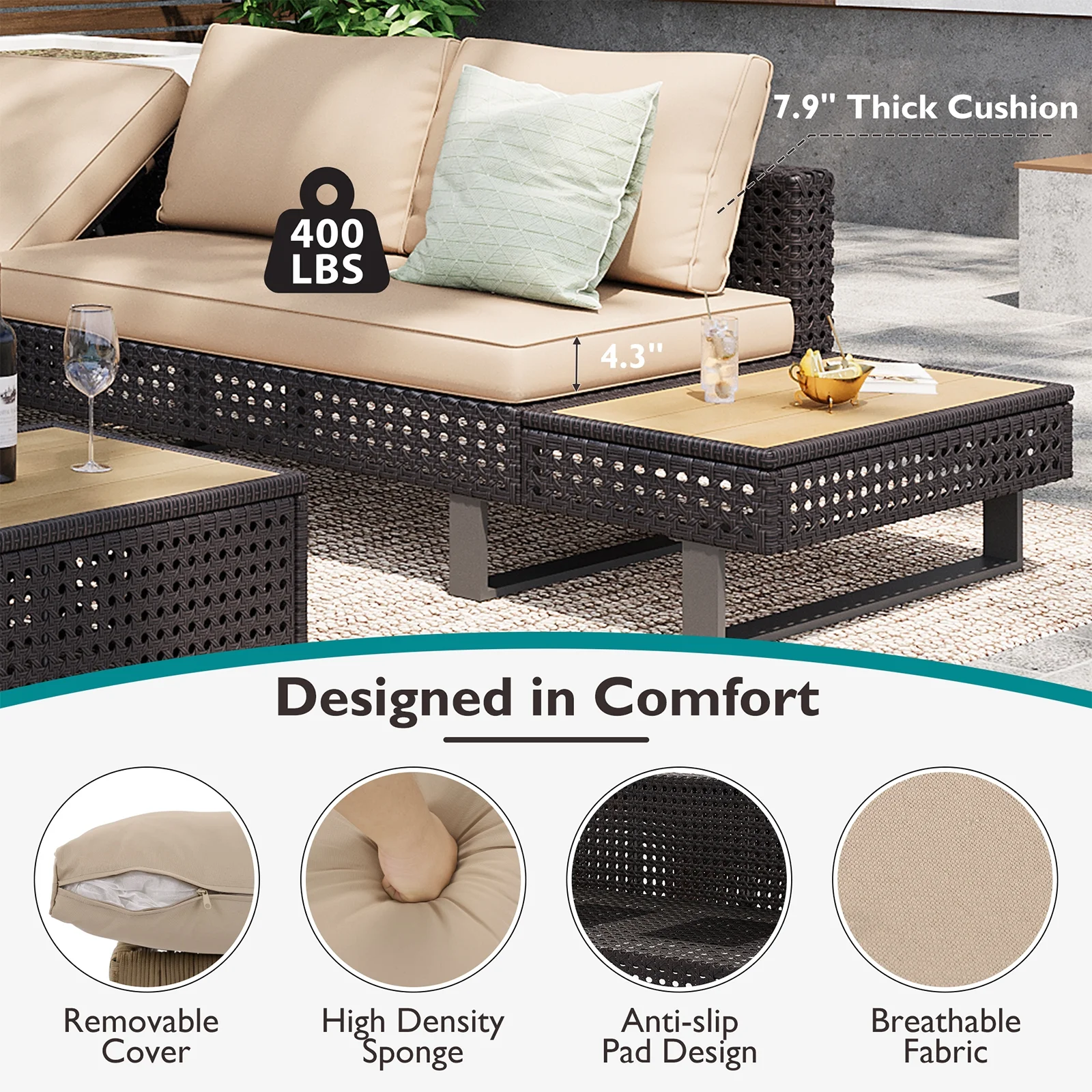 6-Piece Outdoor Sectional Furniture Set for Patio, Expandable Coffee Table w/ Ice Bucket & Collapsible Seat, Deep Cushions - Khaki