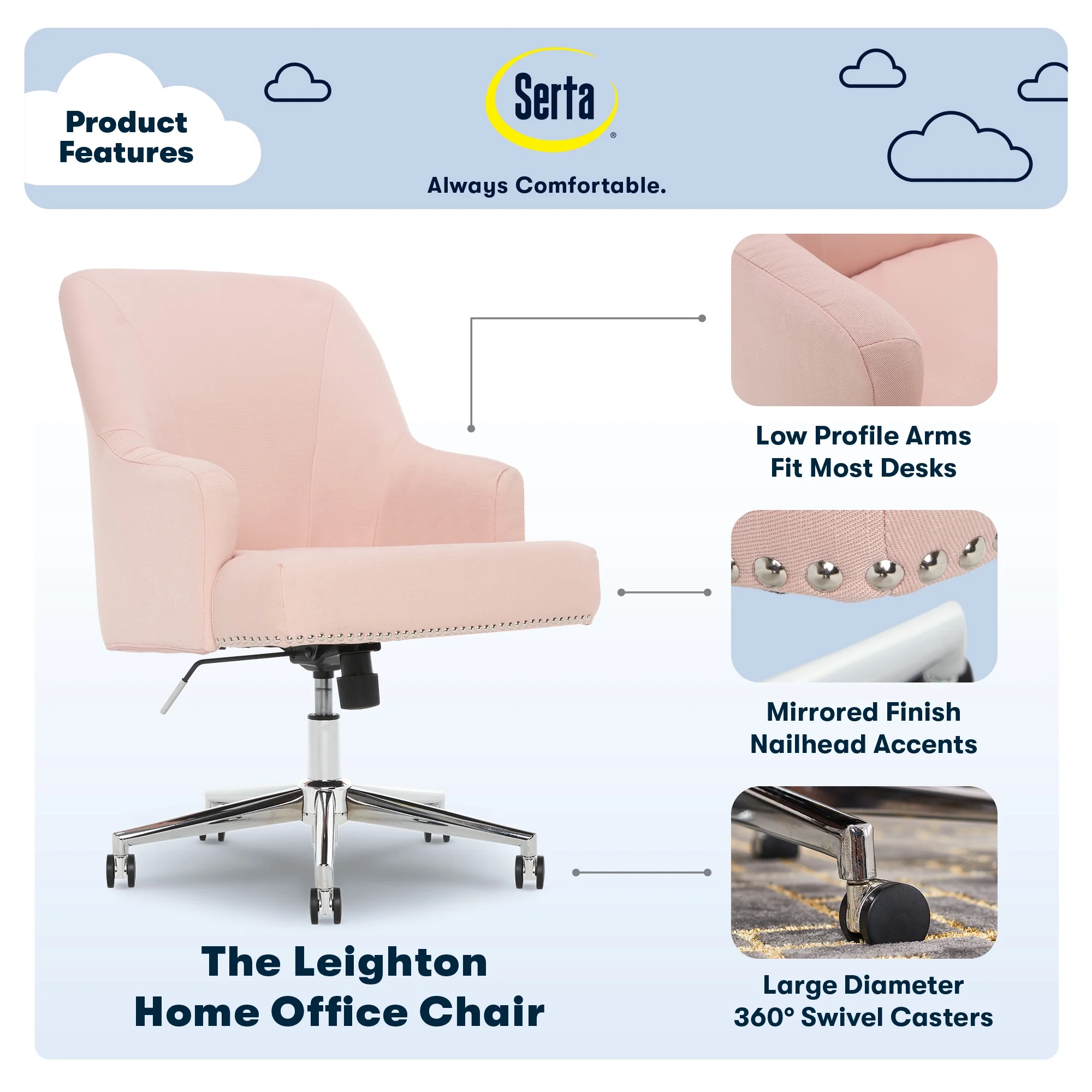 Serta Leighton Home Office Desk Chair Chrome Nailheads Twill Fabric Lilac Purple