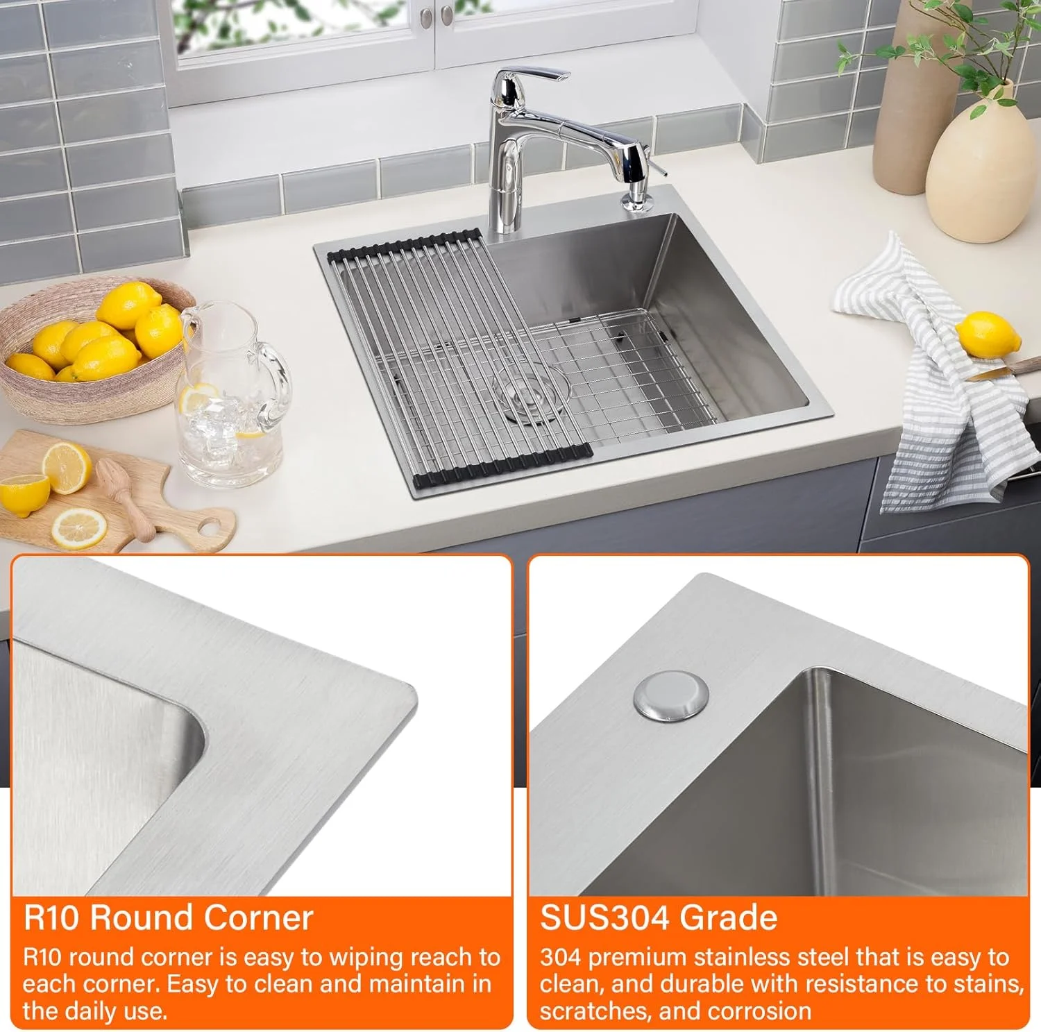 Garvee 33 x 22 Drop In Kitchen Sink, 16 Gauge Stainless Steel Topmount Deep Single Bowl Sink with Grid and Drain Strainer Set, Household Dishwasher Sinks for Workstation, RV, Prep Kitchen, Bar Sink