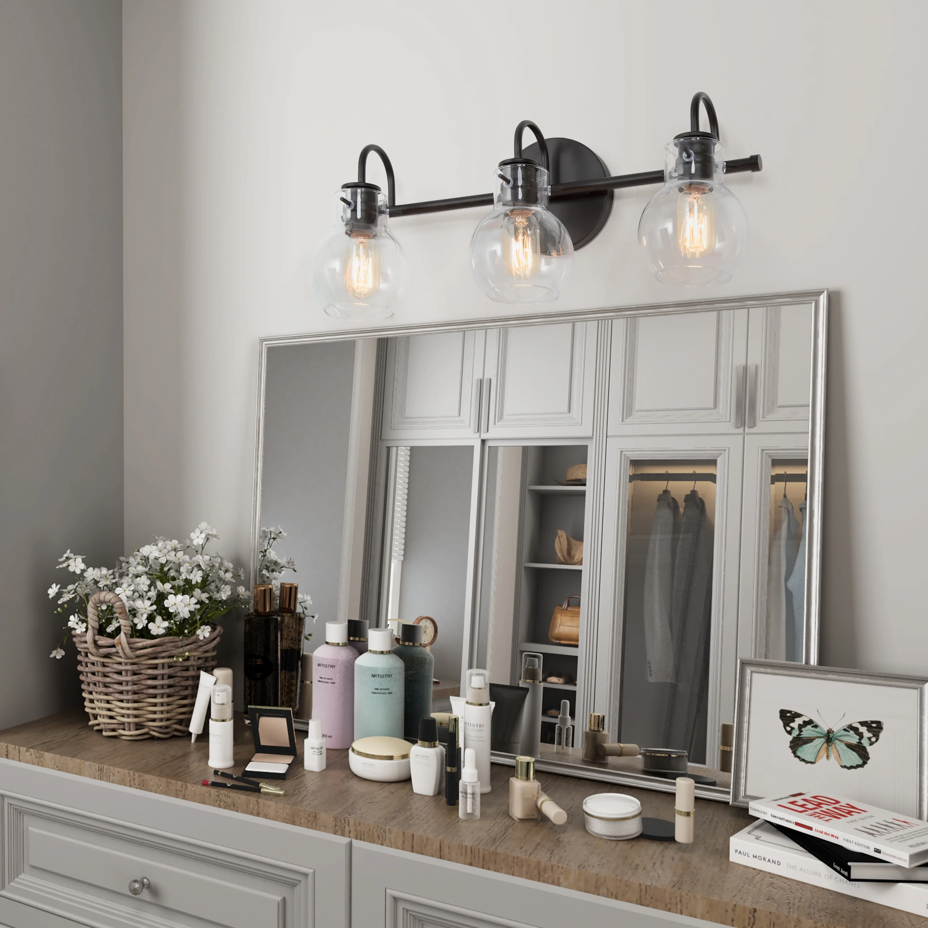 Carson Carrington Modern Gold 3-Light Bathroom Vanity Light Glass Wall Sconce 3-Light, Black 3-Light/ L22