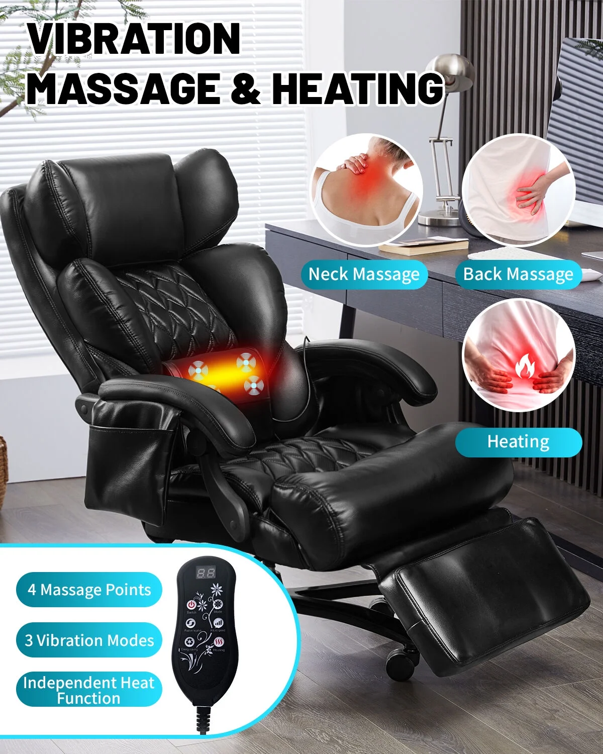 800LBS Relax Office Chair with Foot Support & 8-Zone Soothing Warmth for Larger Users, Big and Tall Ergonomic Executive Tilt Desk Chairs for Home Office Managerial Use