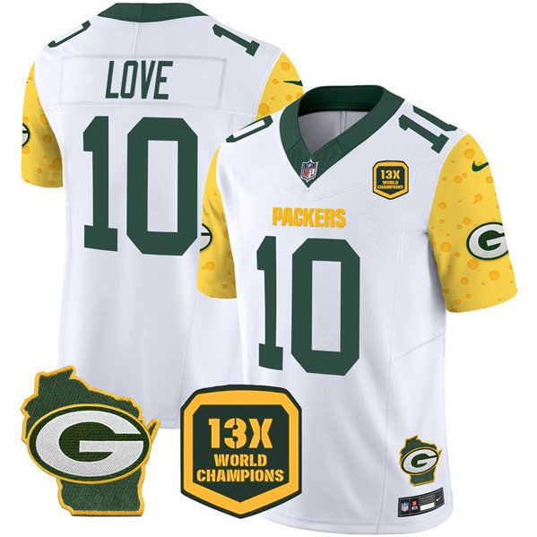 Green Bay Packers Jordan Love White 2024 F.U.S.E. 13 Time World Champions Patch Jersey