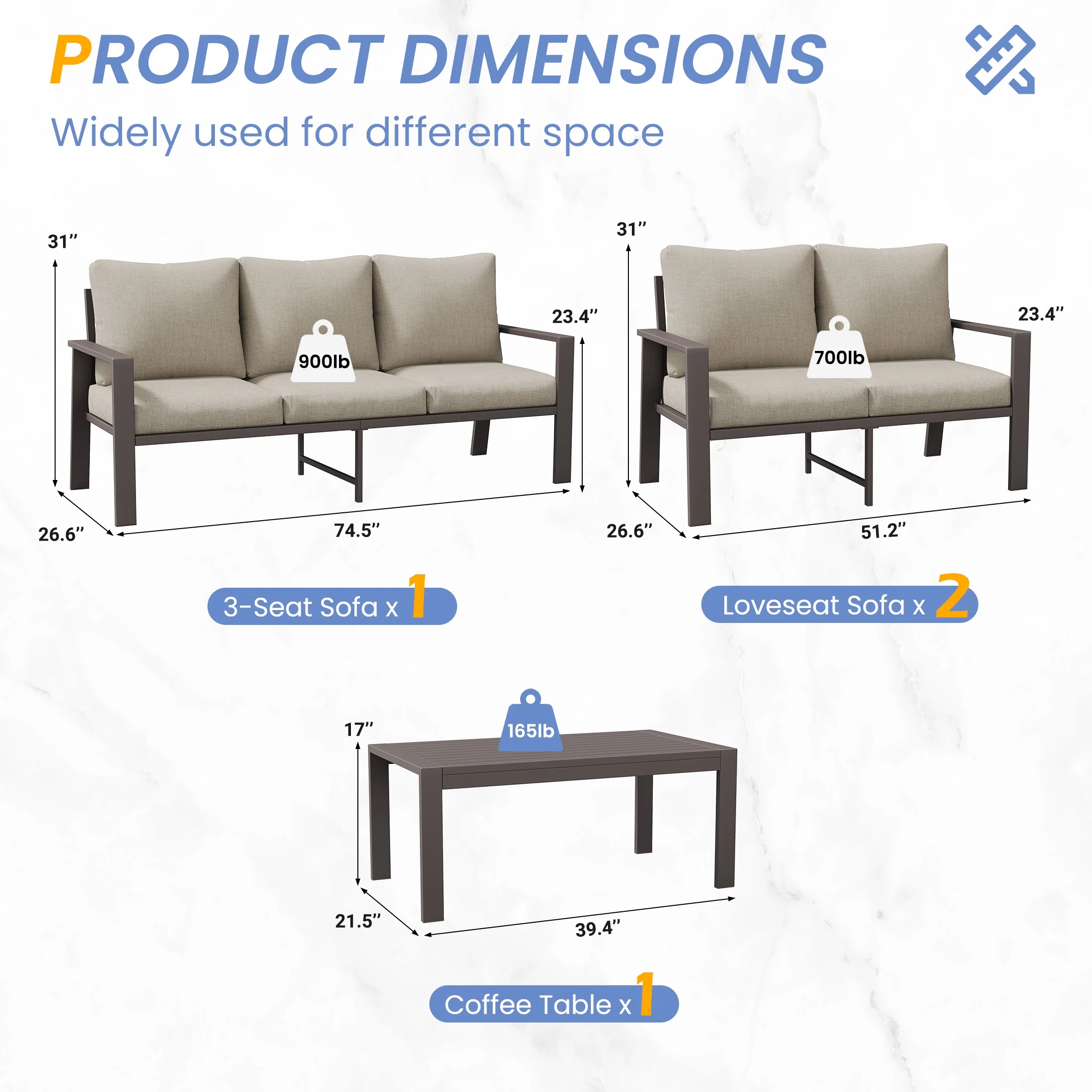 POTEBAN Aluminum Patio Furniture Set, Modern Metal Outdoor Sectional Sofa, Patio Conversation Sets with Side Table for Poolside, courtyard,Blue