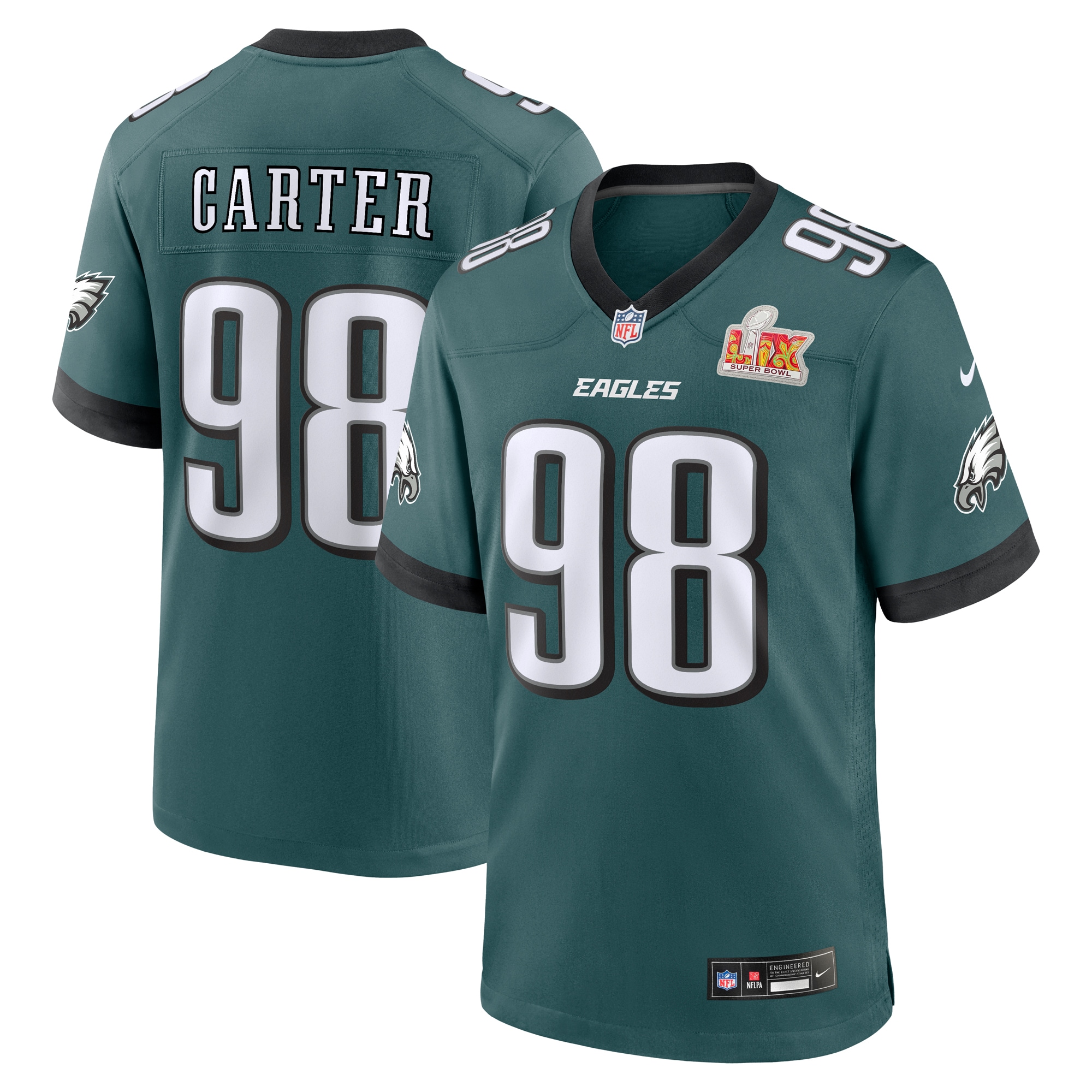 Philadelphia Eagles Jalen Carter Midnight Green Super Bowl LIX Game Jersey