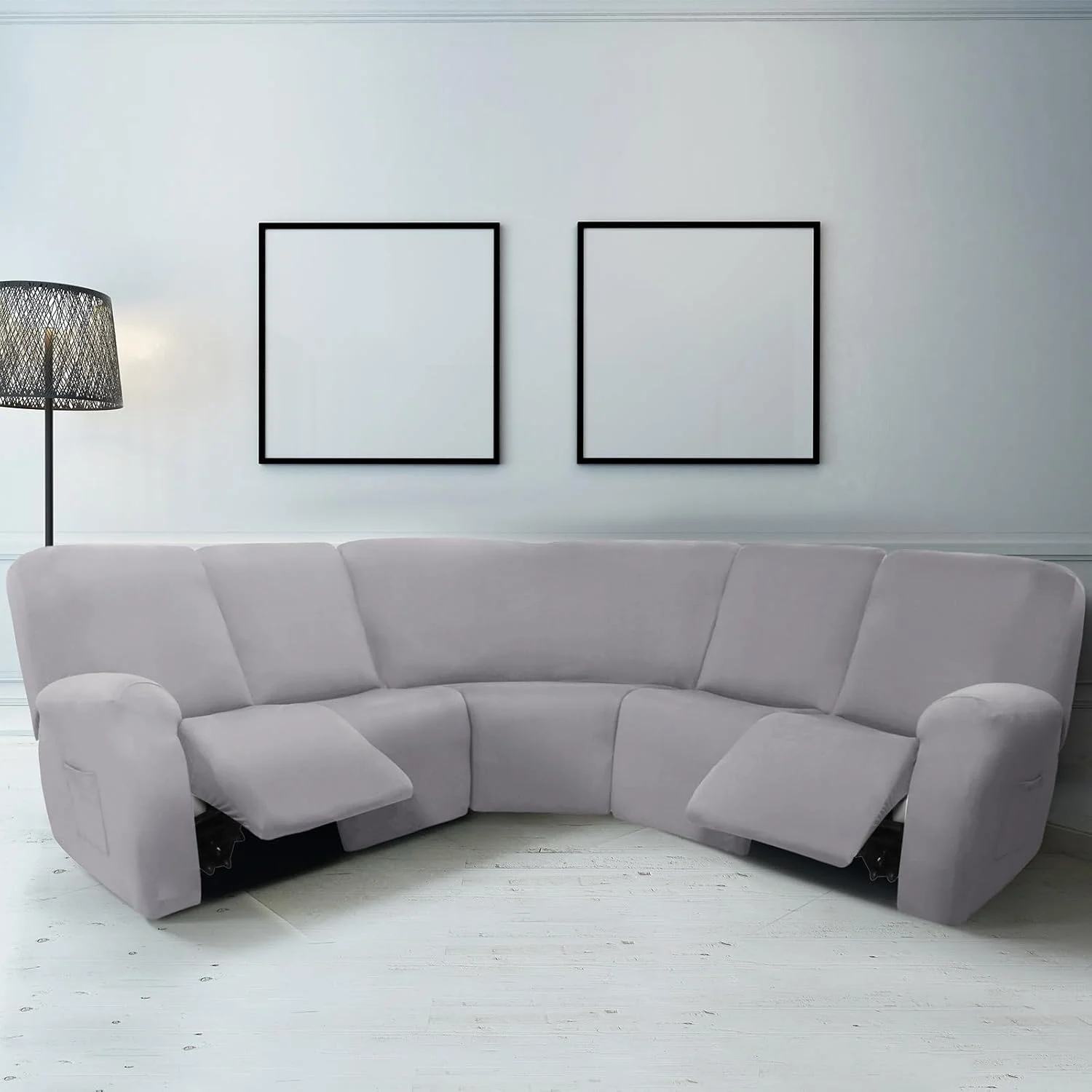 7 Pcs L Shape Sectional Recliner Sofa Covers 5 Seat Sectional Couch Covers Milk Silk Velvet Stretch Reclining Sofa Slipcover Furniture Protector for Living Room(Light Gray,Milk Silk)
