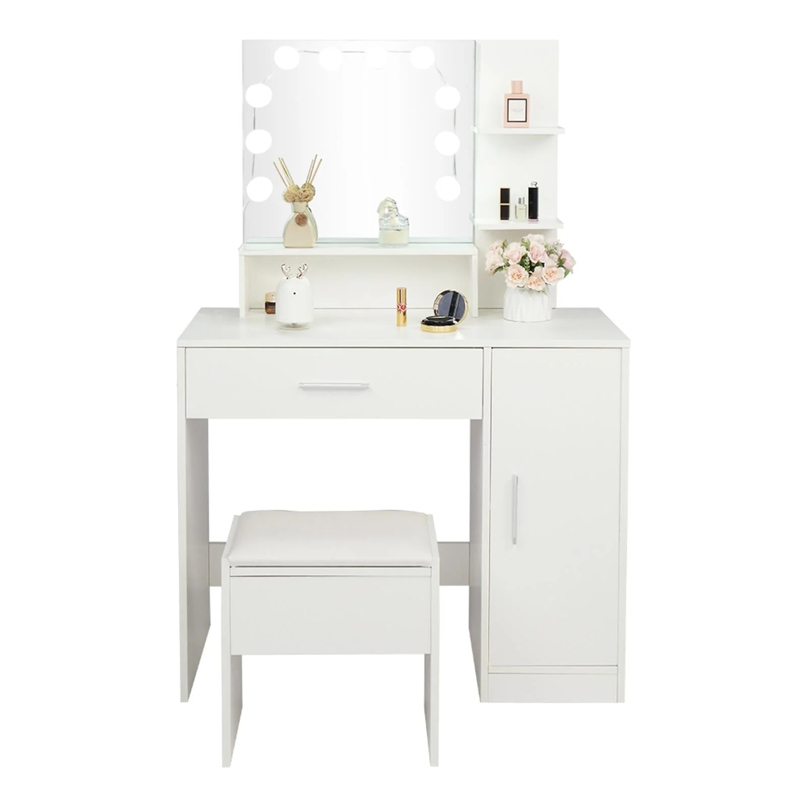 Ktaxon Vanity Set with 3 Color Lighted Mirror, Makeup Table with 3 Storage Shelves & Drawers, Dressing Table Makeup Desk with Stool,White