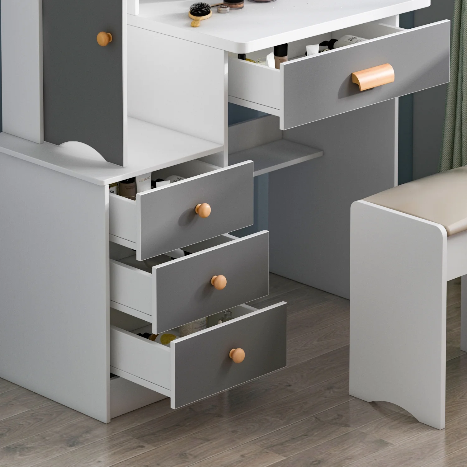 MONSLIPA Makeup Vanity Desk Set w/ Light, Sturdy Dressing Vanity Table with Bench, Shelves & Drawers
