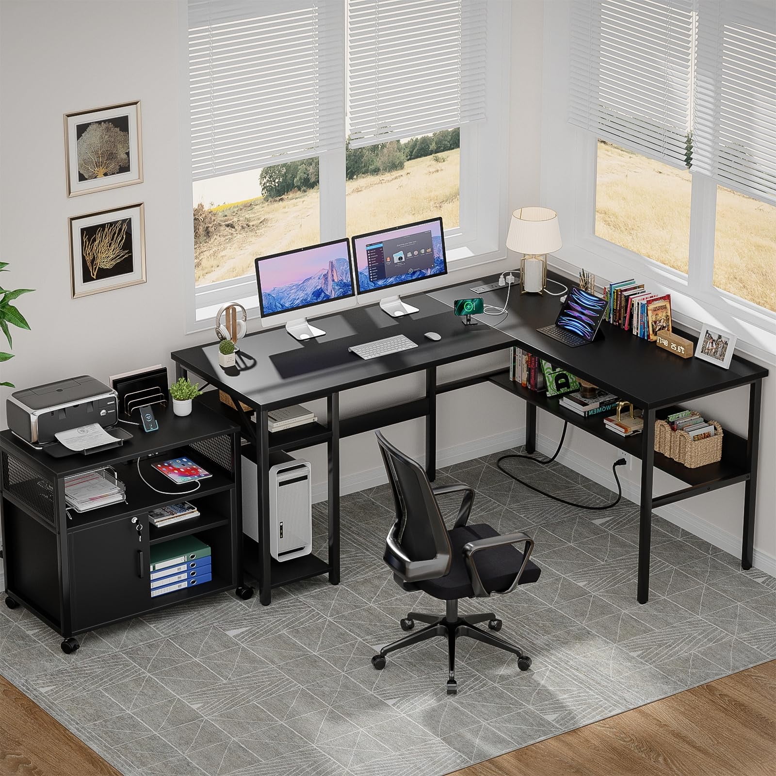 Homieasy Reversible L Shaped Desk with Magic Power Outlets and USB Charging Ports, Sturdy Corner Computer Desk with Storage Shelves, Gaming Table Home Office Desk, Easy to Assemble, Black Oak