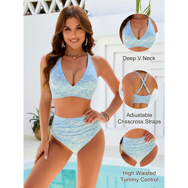 Women Embroidery Print High Waisted Bikini Sets V Neck