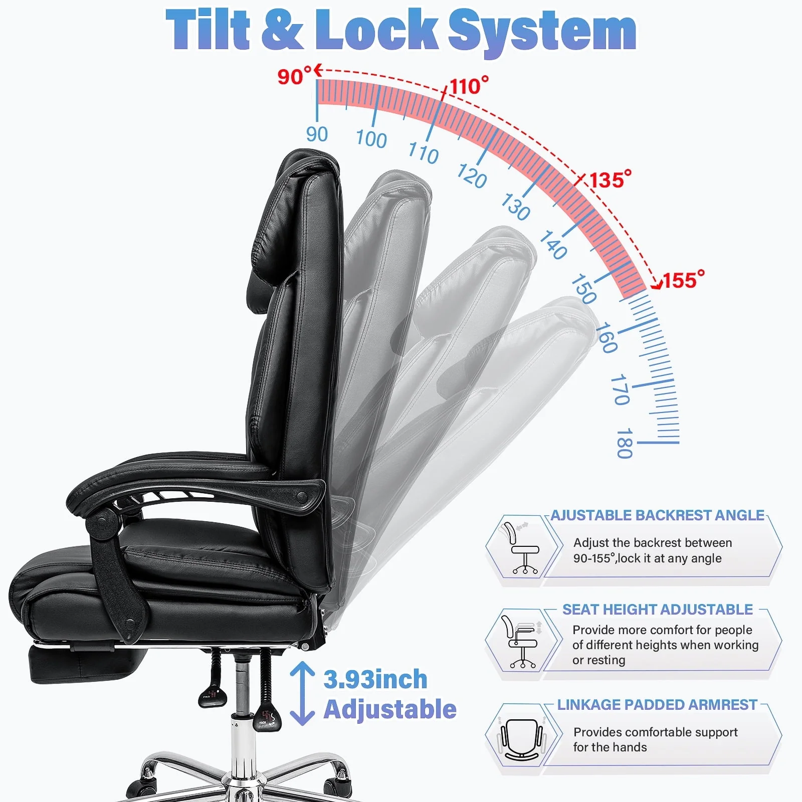 Hoffree Big and Tall Office Chair 500lb Computer Desk Chair Heavy Duty Design Ergonomic High Back Cushion Lumbar Back Support Adjustable Executive Leather Office Chair for Heavy People,Black
