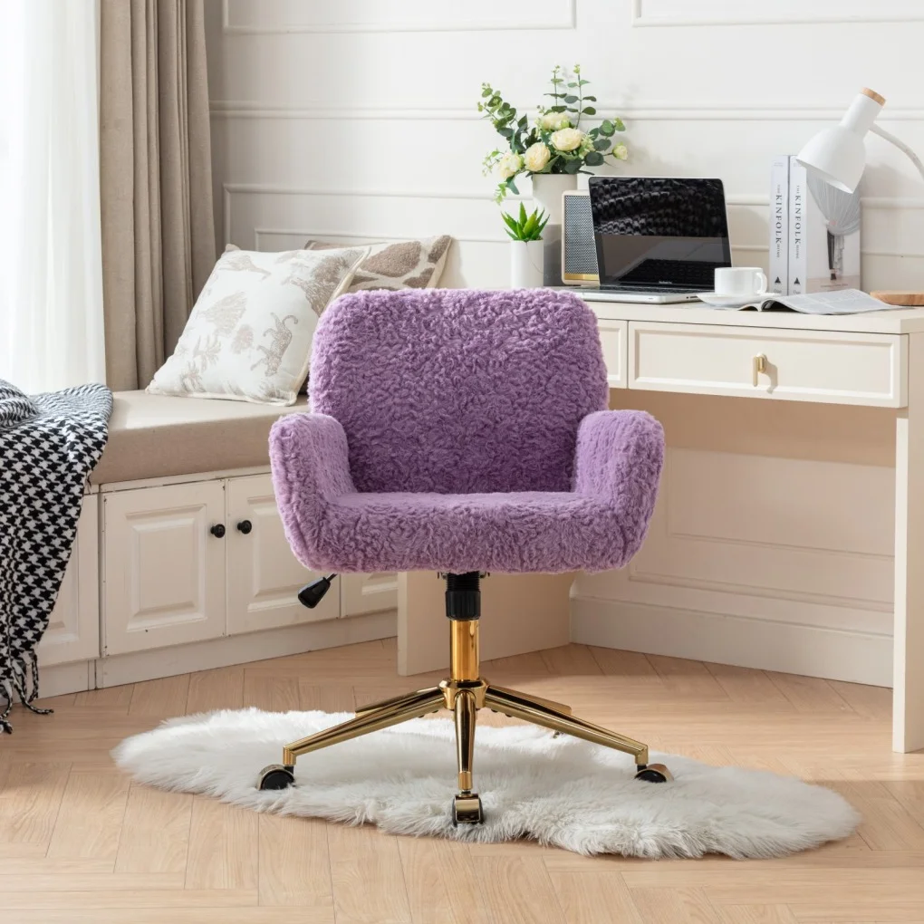 Furniture Office Chair,  Artificial Rabbit Hair Makeup Vanity Chair Chair, 360 Comfy Swivel Armchair with Wheels, Modern Height Adjustable Cute Vanity Chair for Living Room Small Spaces Pink